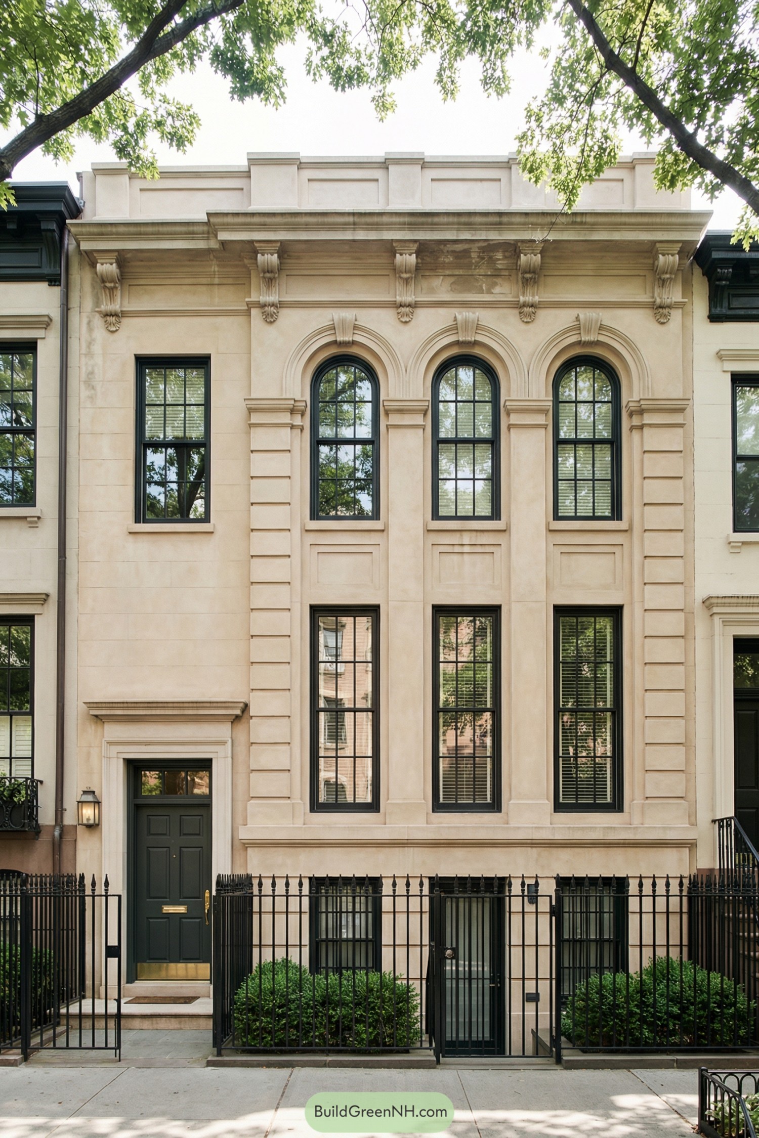 Neoclassical stone townhouse facade with three arched upper windows, black-framed glazing, and a wrought-iron front fence