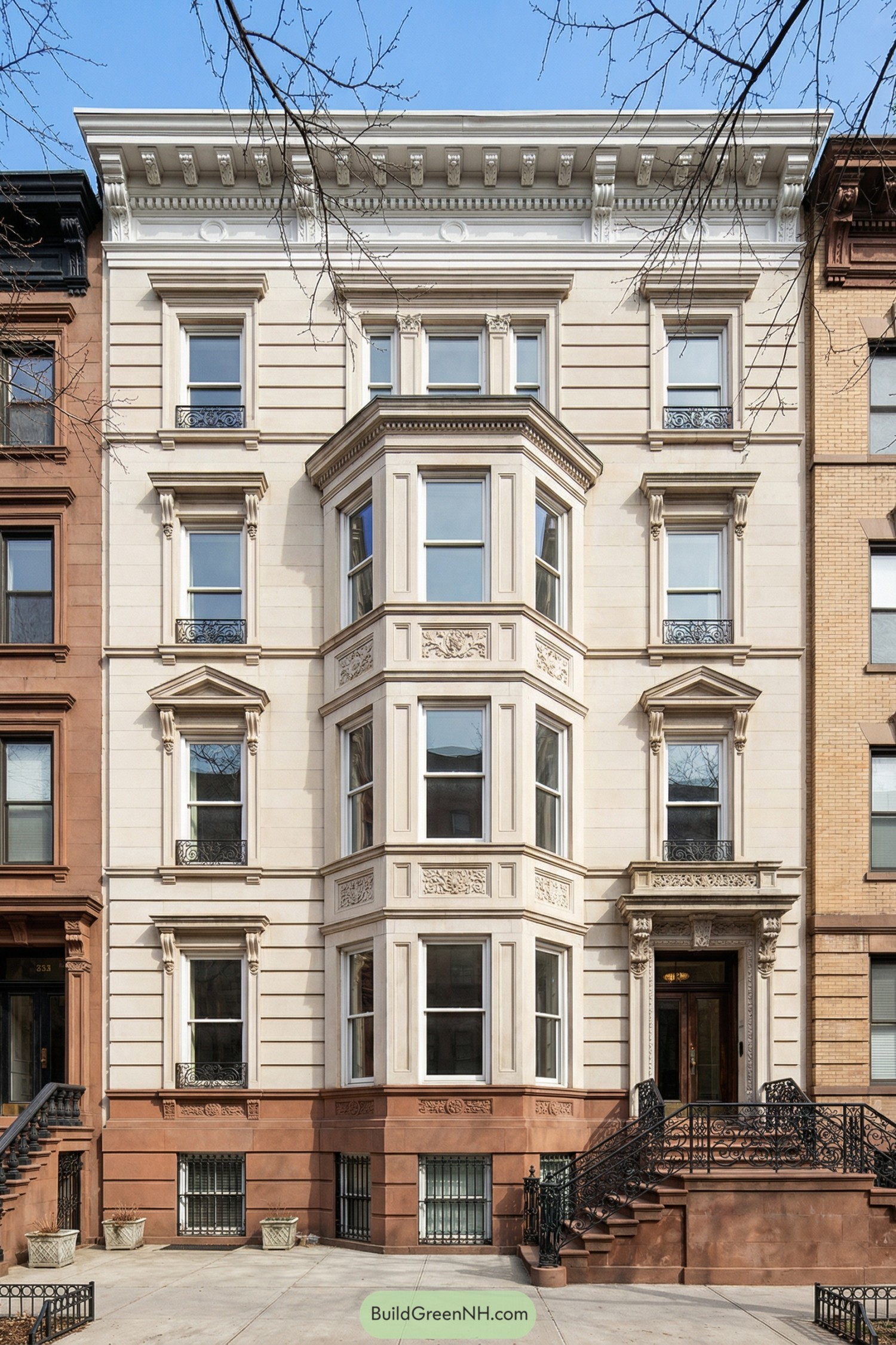 Tall cream stone townhouse with projecting bay windows, carved detailing, and brownstone base between neighboring rowhouses
