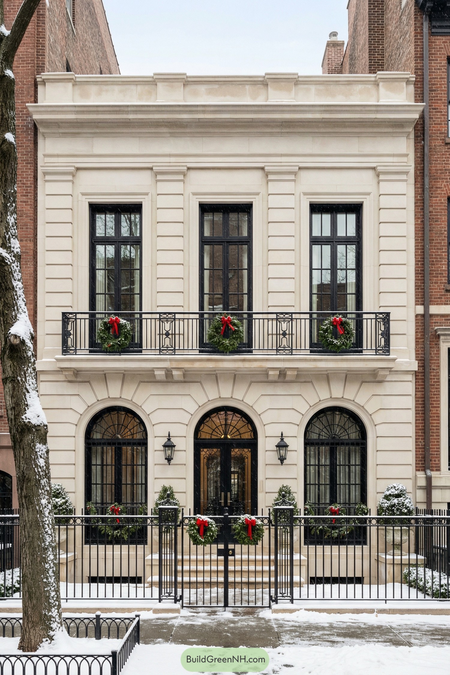 Cream stone townhouse with black iron railings, tall windows, and holiday wreaths in a winter streetscape