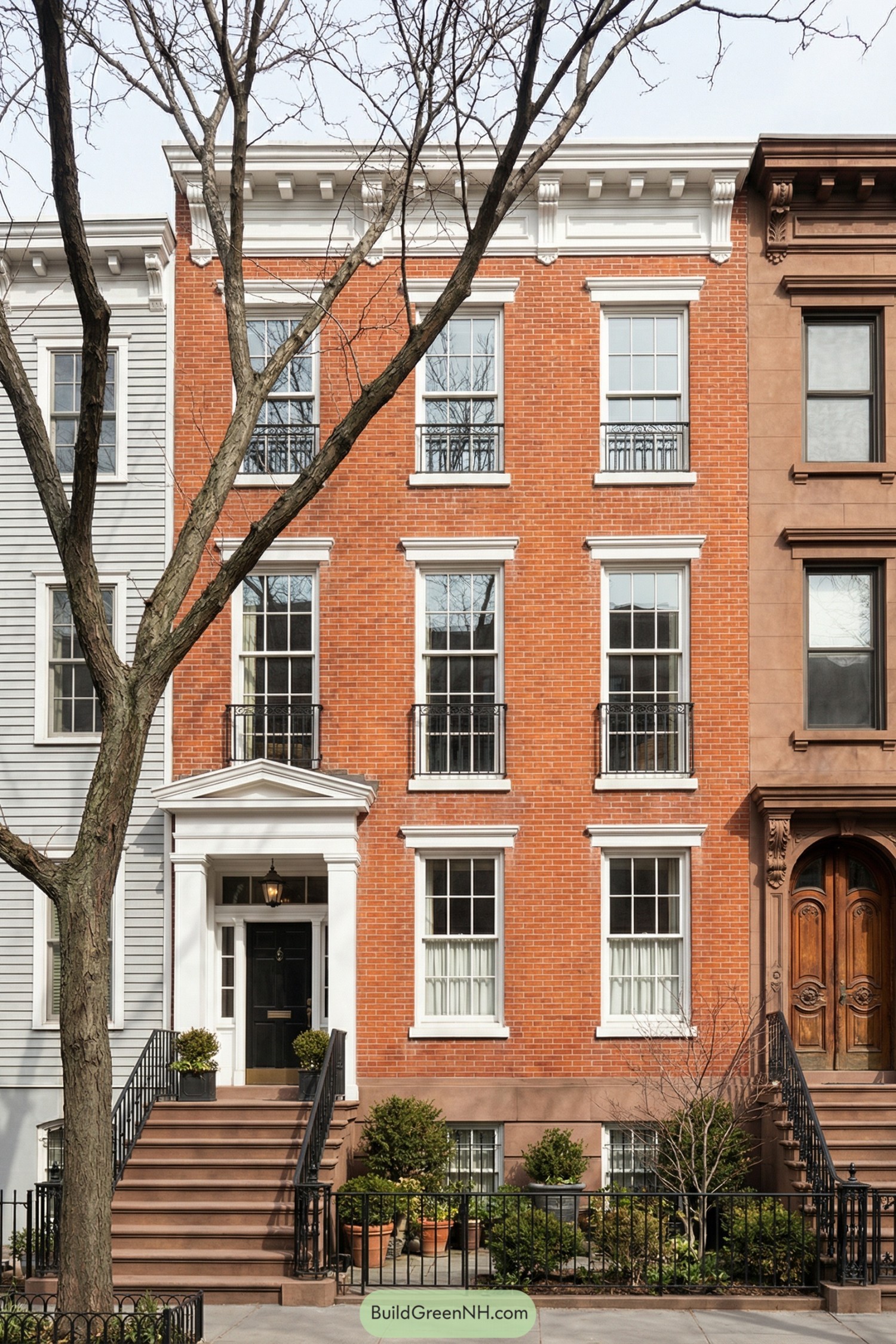 Red brick townhouse facade with white trim, tall windows, and stoop entry flanked by planters