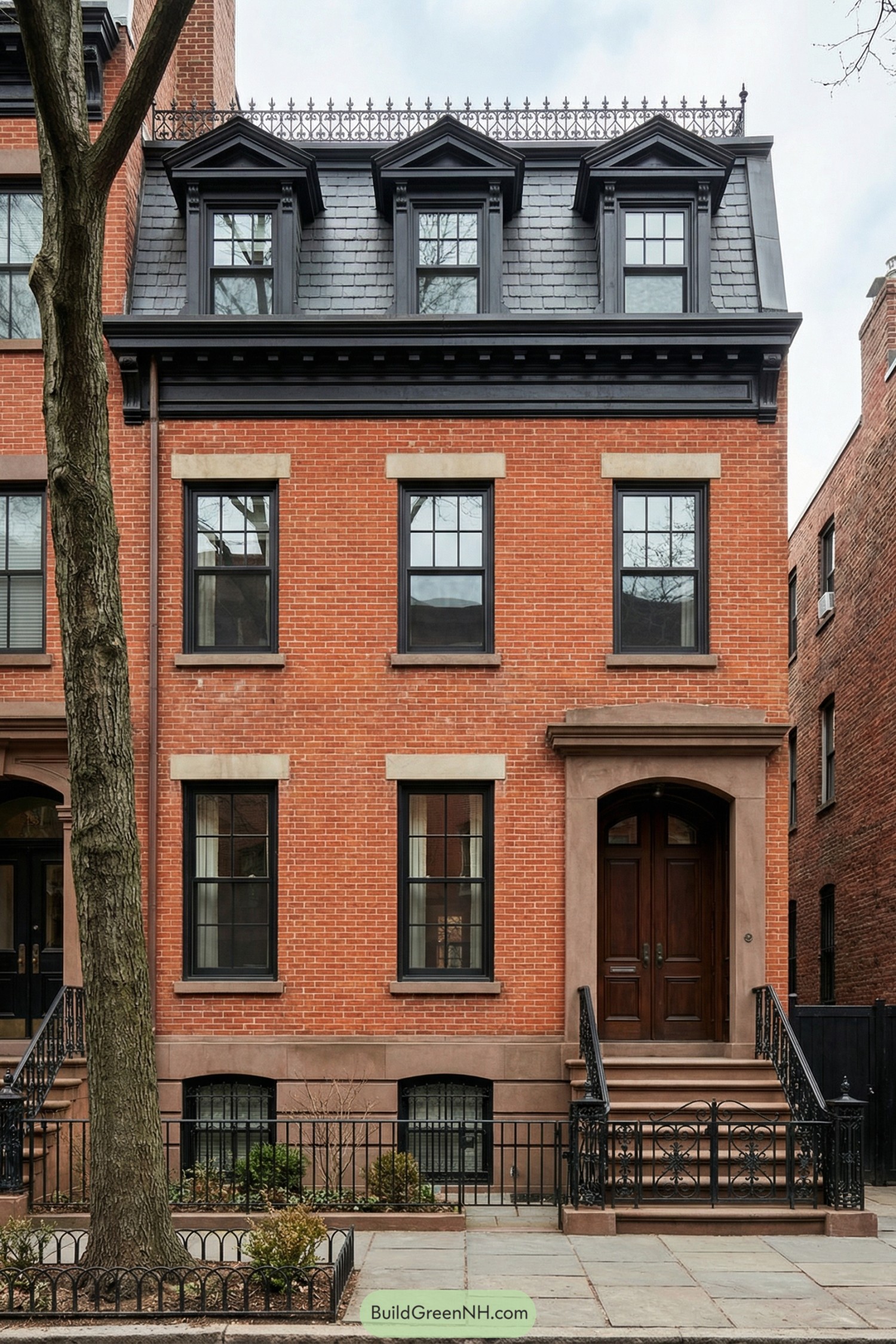 Red brick townhouse with black mansard roof, ornate iron cresting, and arched wood entry