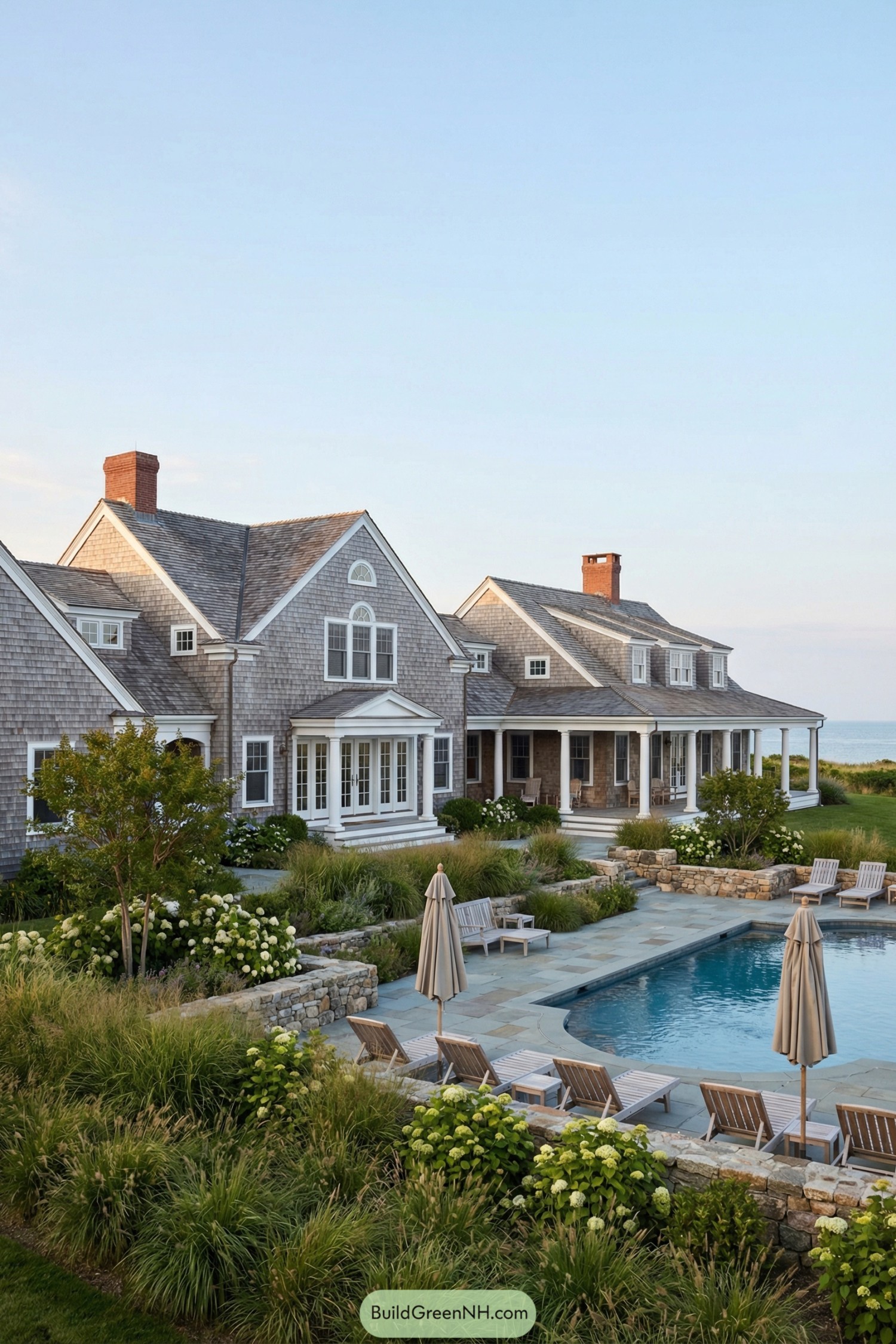 high-res photo of old money beach house, classic New England shingle-style facade with multi-gabled roofline and central two-story main volume flanked by long single-story wings, balanced but informal composition, weathered grey cedar shingle cladding with crisp white trim and columns, muted natural color palette of greys, whites, and warm wood tones, elongated L-shaped structure with varied roof heights and projecting dormer volumes, natural cedar shingle roofing with multiple front-facing gables, shed dormers, and a square roof deck belvedere with simple white railing, two tall red-brick chimneys, white double-hung windows with divided lites and traditional mullions, symmetrically placed dormer windows on the main roof and smaller gable windows on the wings, white French doors and paneled entry door under a small classical portico with square columns and simple entablature, broad covered porch running along one wing with white posts and open railings, stone steps leading from the porch and central lawn terrace down to a lower stone pool terrace, freeform swimming pool edged with naturalistic stone coping, pale stone paving with low curved stone retaining walls, wooden sun loungers with blue-and-white striped cushions and closed neutral umbrellas arranged around the pool, dense coastal landscaping with ornamental grasses, flowering shrubs, low perennials, and neatly kept lawn areas, a few small trees softening the facade, distant low horizon with suggestion of open water or coastline beyond the house, clear pale blue sky and warm late-afternoon light creating soft shadows, overall serene upscale coastal estate setting. real-life photo, high-resolution, architectural photography, soft lighting, cinematic composition