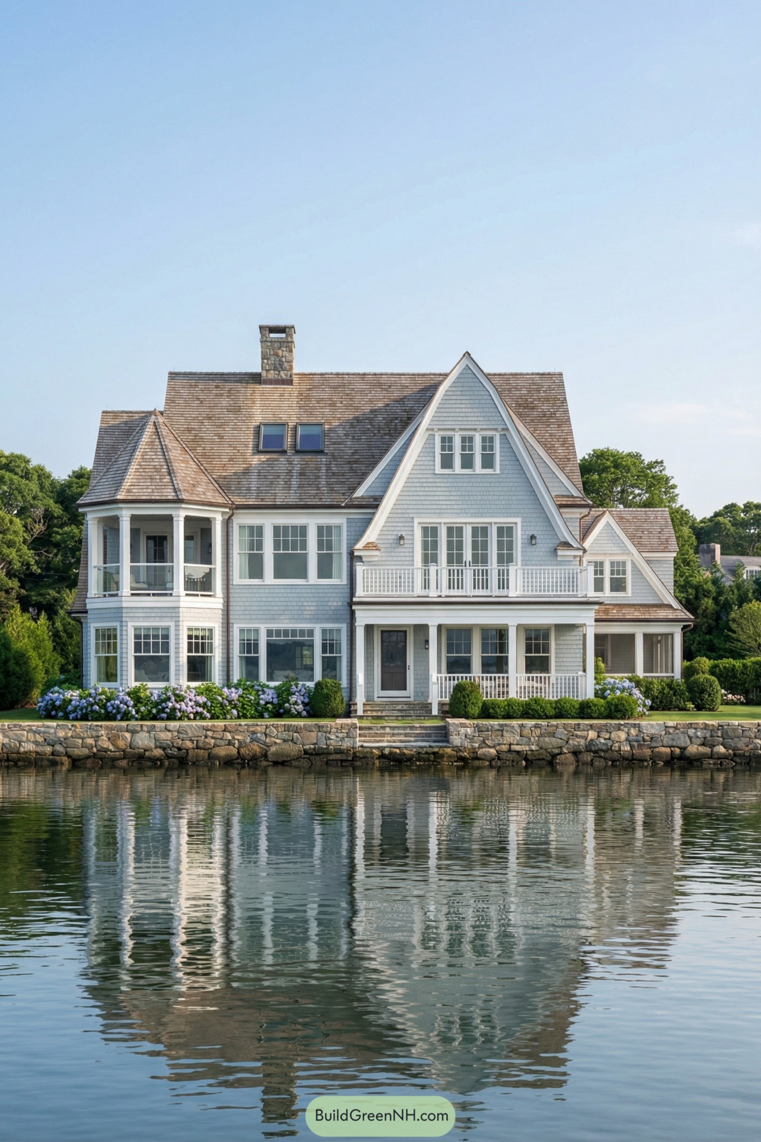 Grand gray shingle waterfront house reflected in calm water