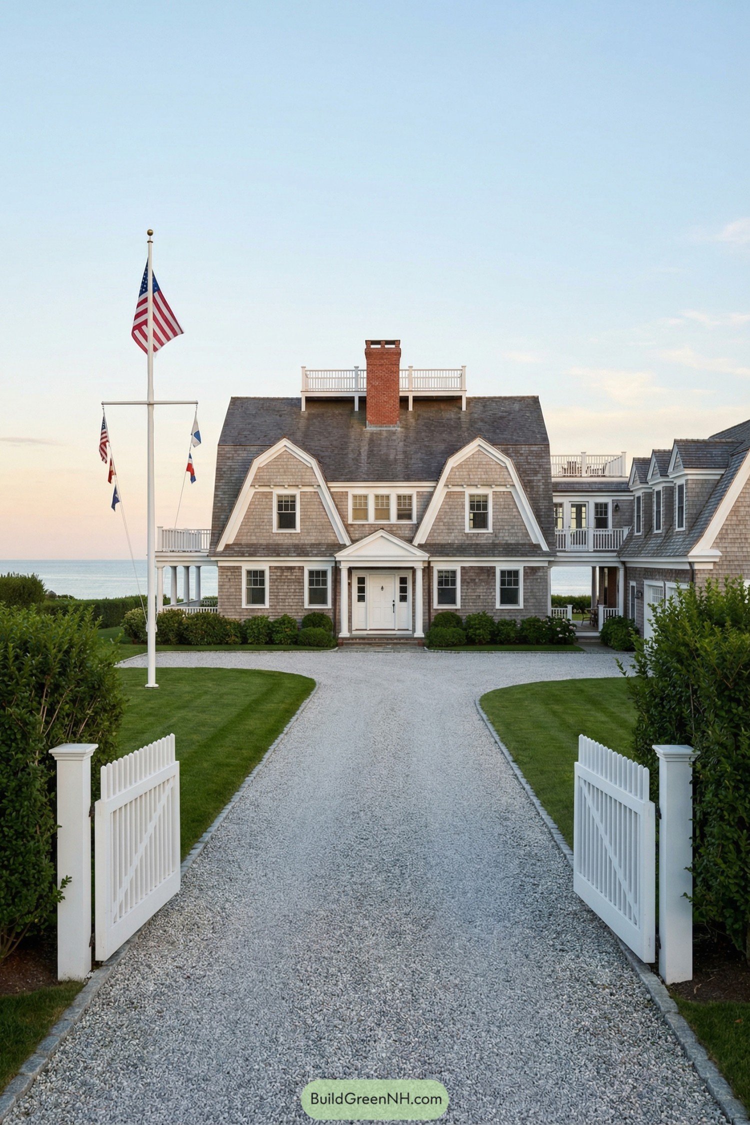 Shingle-style seaside estate with gambrel roof and central flagpole