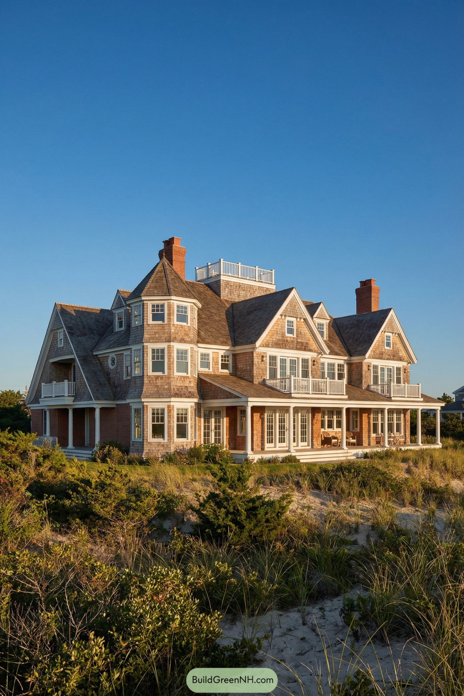 Grand shingled beach house with turrets, porches, and rooftop deck set in coastal dunes