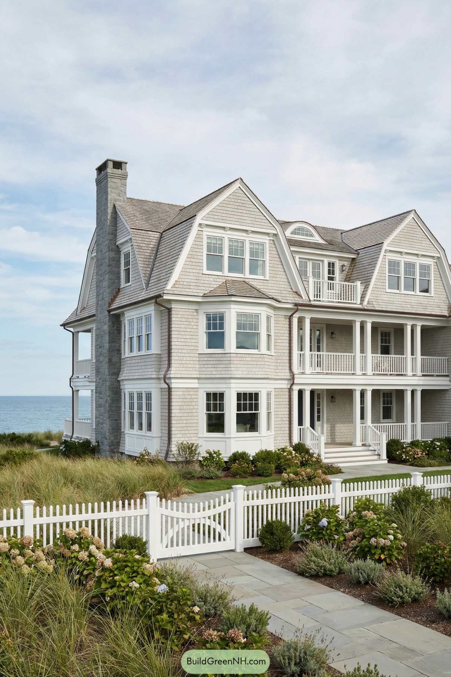 Elegant gray shingle beach house with porches and white picket fence overlooking the ocean