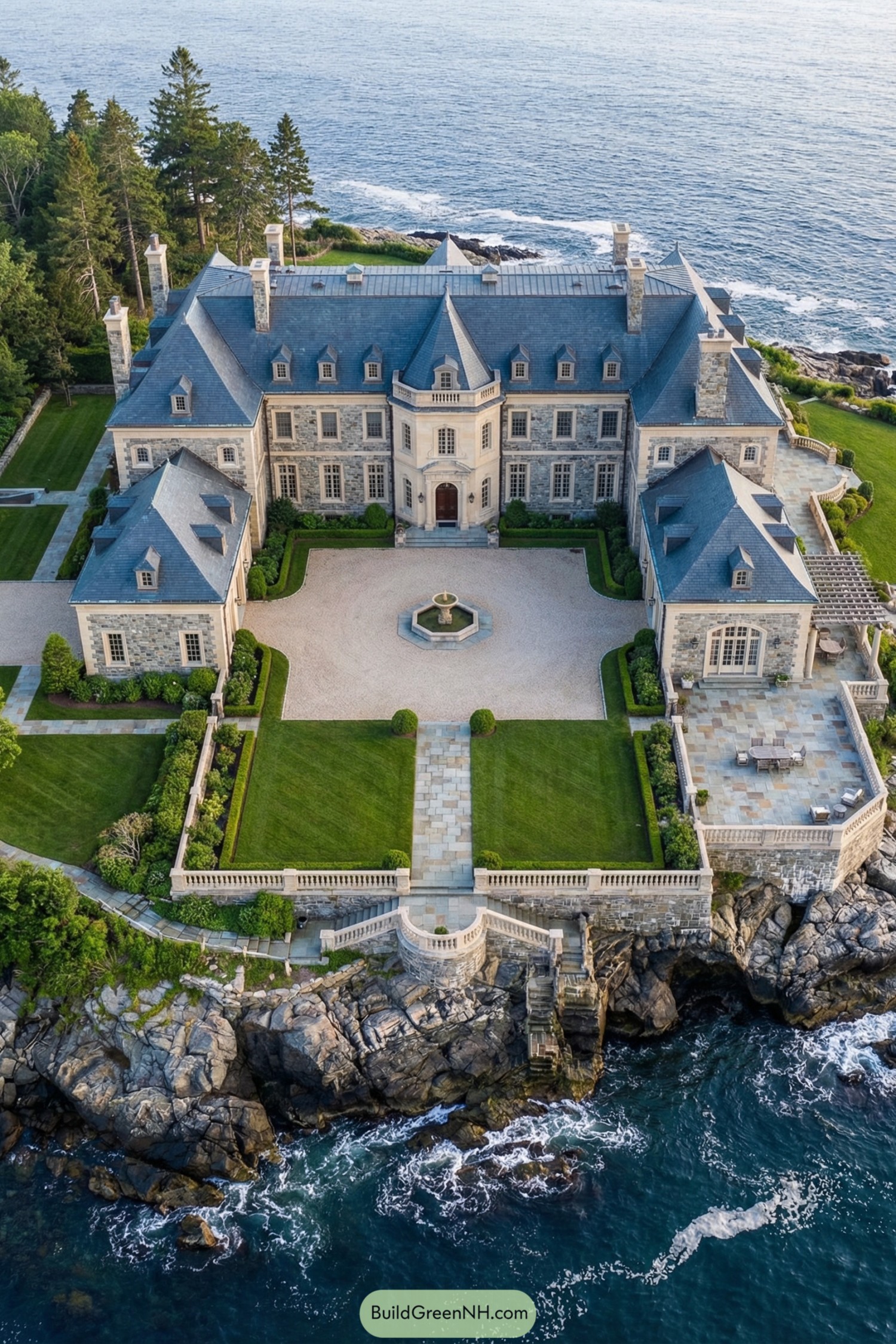 A grand stone seaside mansion with formal lawns overlooking rocky cliffs and the ocean
