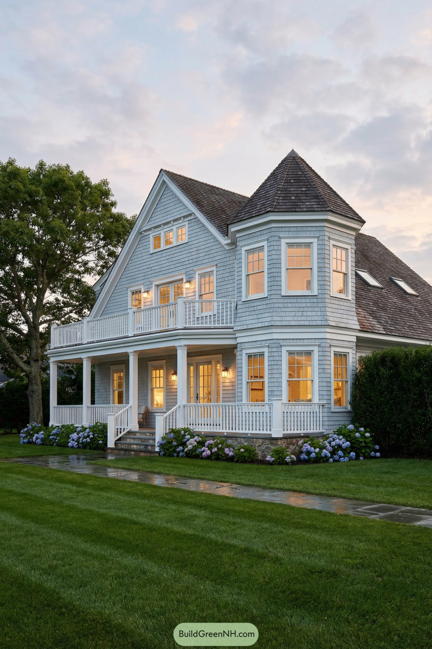 Blue shingle beach house with turret and wide porches at dusk