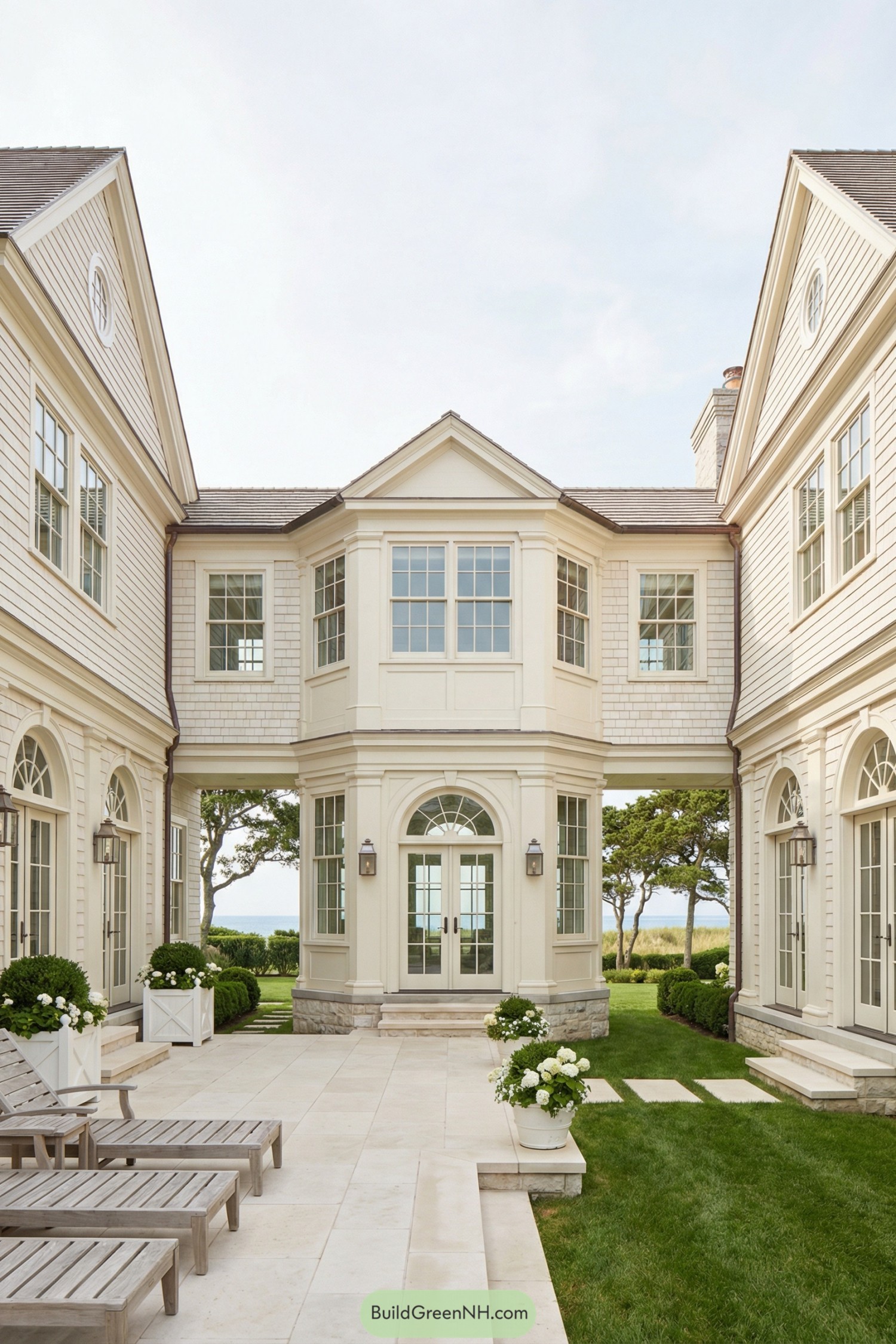 Elegant shingled beach house with central courtyard and ocean view