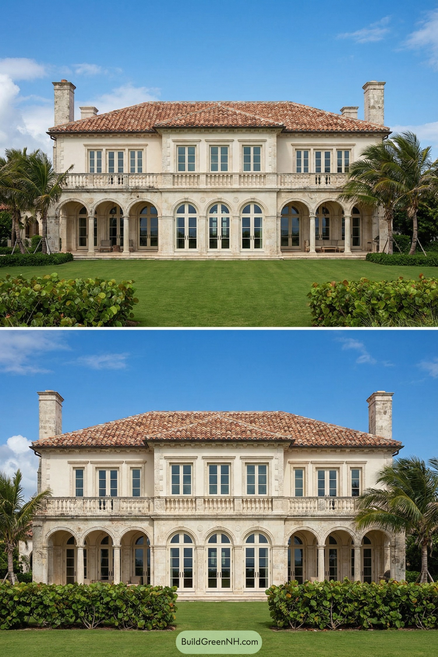 Mediterranean-style beachfront mansion with arches and red tile roof