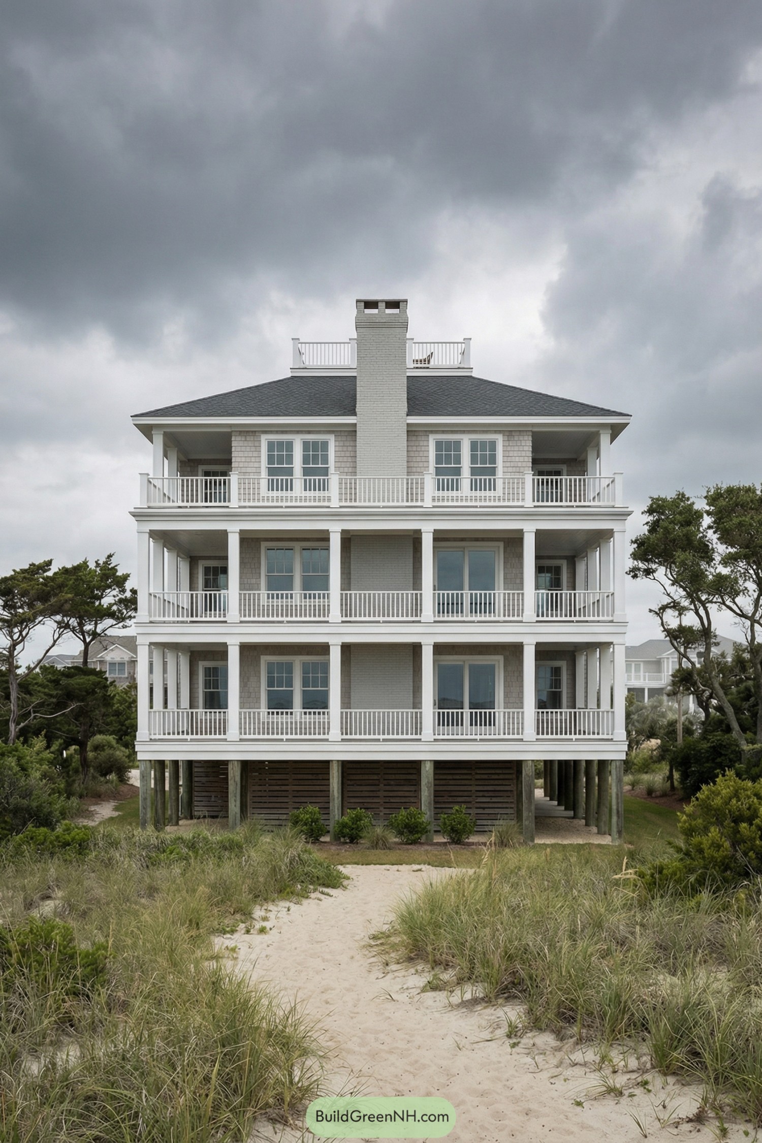 Tall beachfront house on stilts with stacked wraparound porches under a cloudy sky