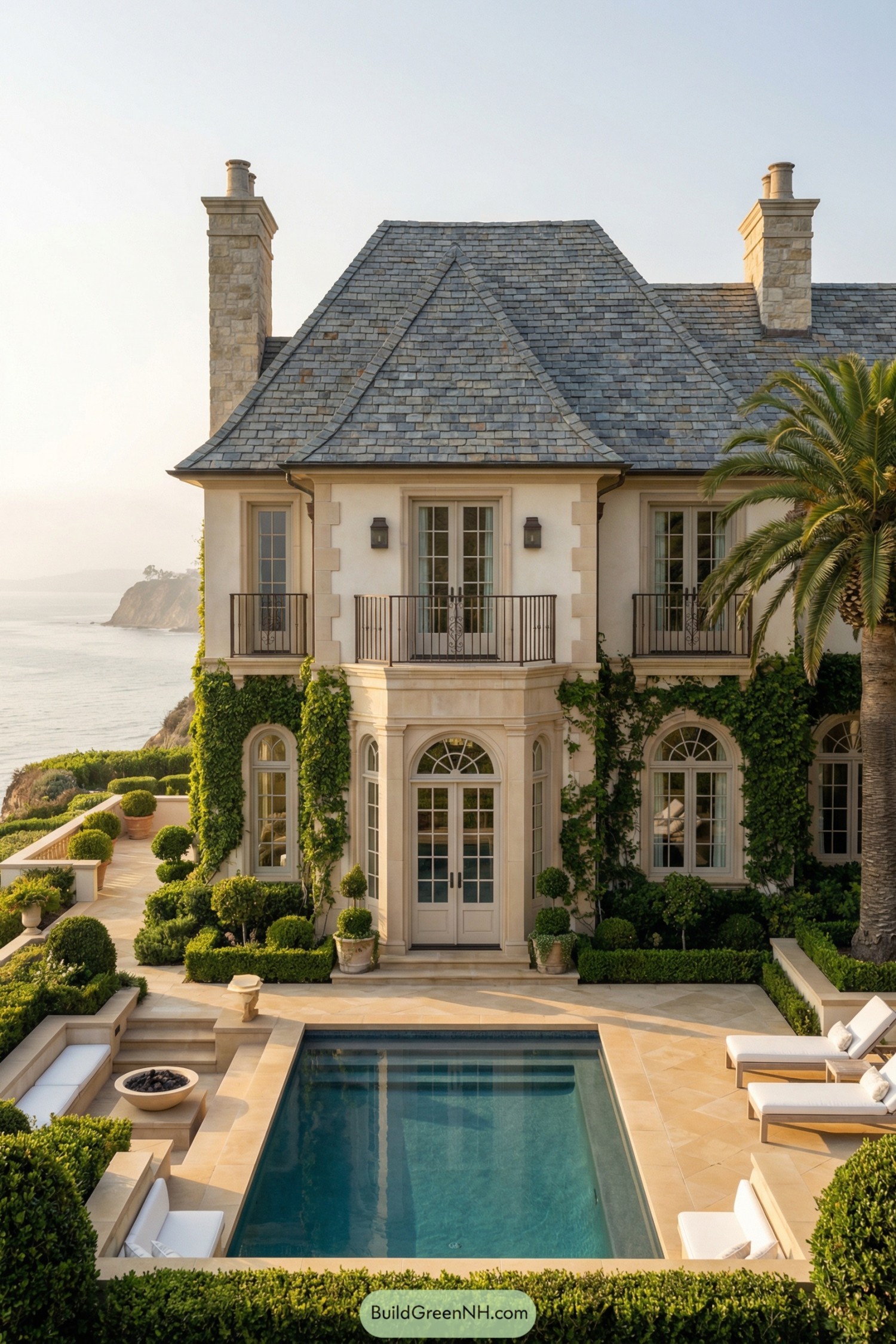 Elegant ivy clad seaside mansion with central pool courtyard overlooking the ocean