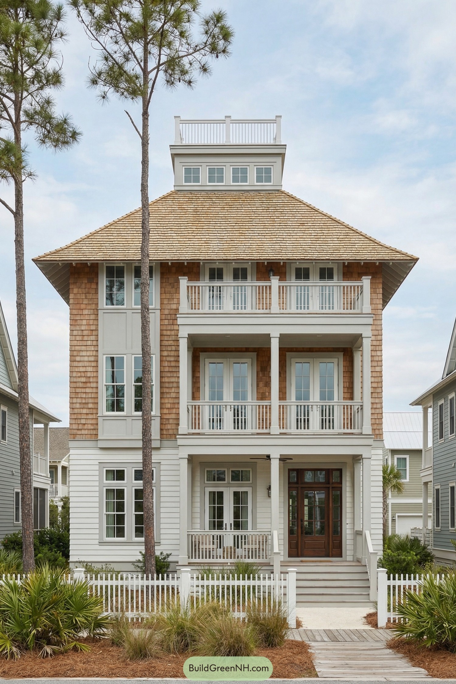 Tall coastal house with layered porches and cupola