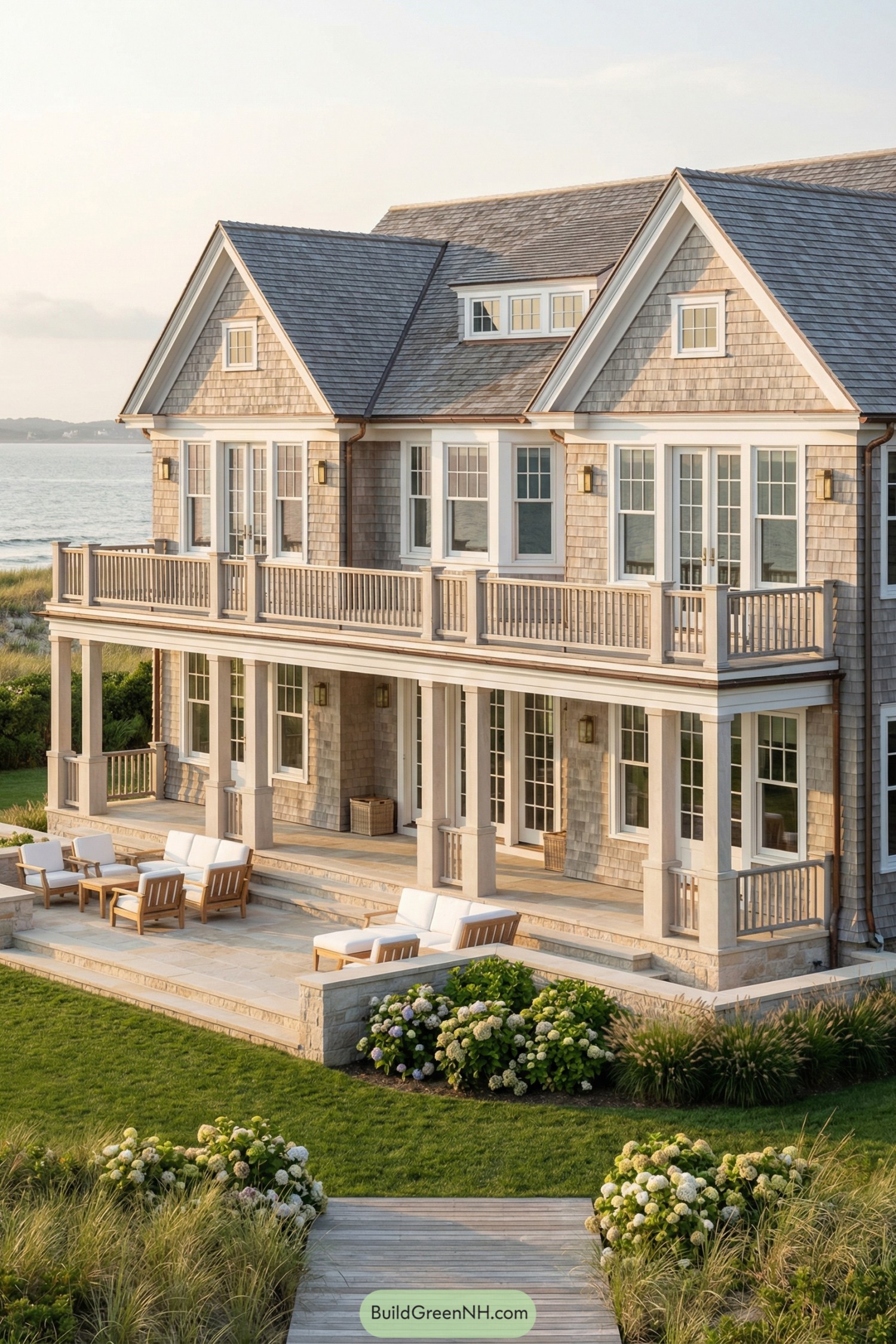 Shingled beachfront estate with double verandas and stone terraces overlooking the ocean