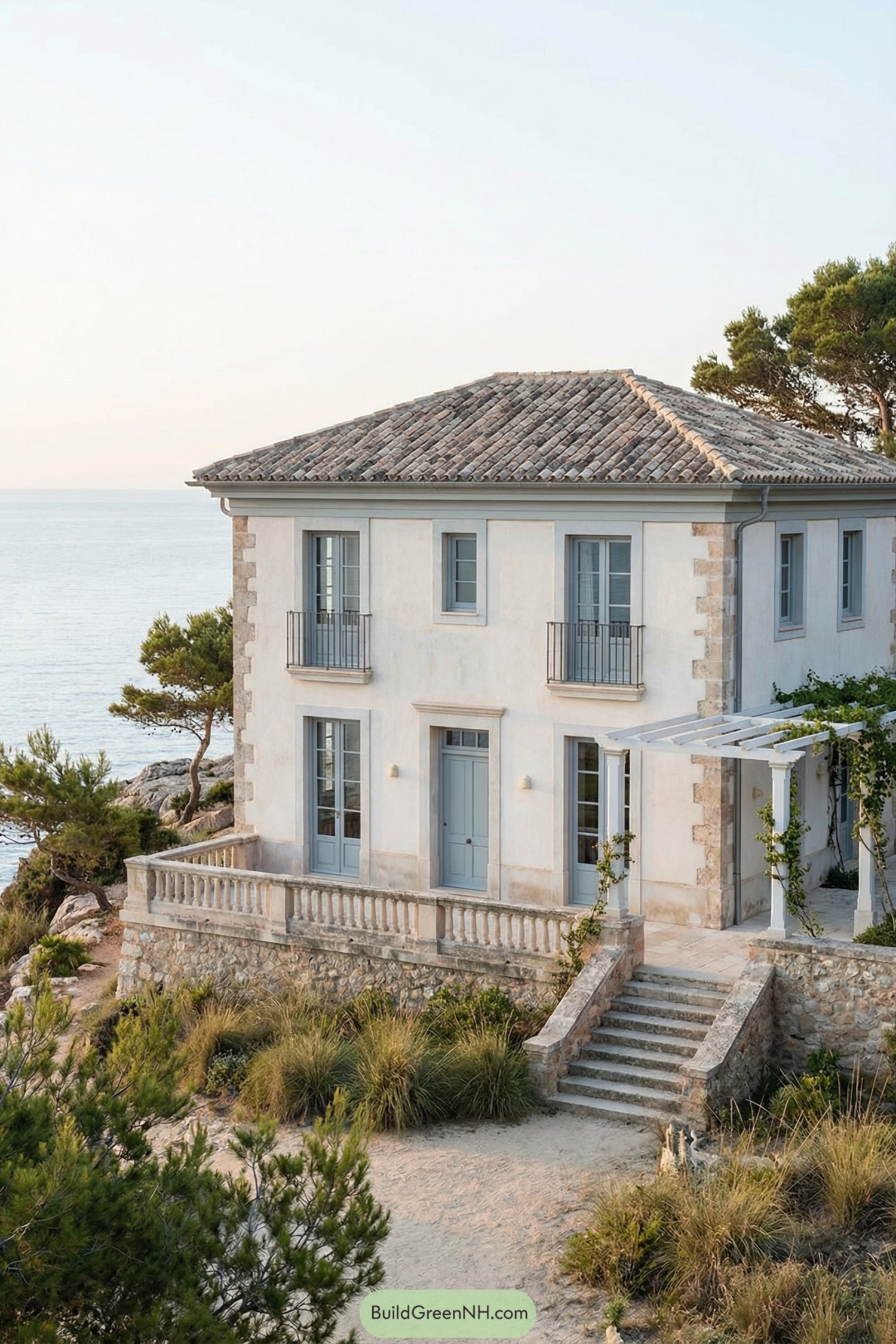 Elegant stone and stucco beach house perched above the sea with pale blue doors, French windows, and a tiled hip roof