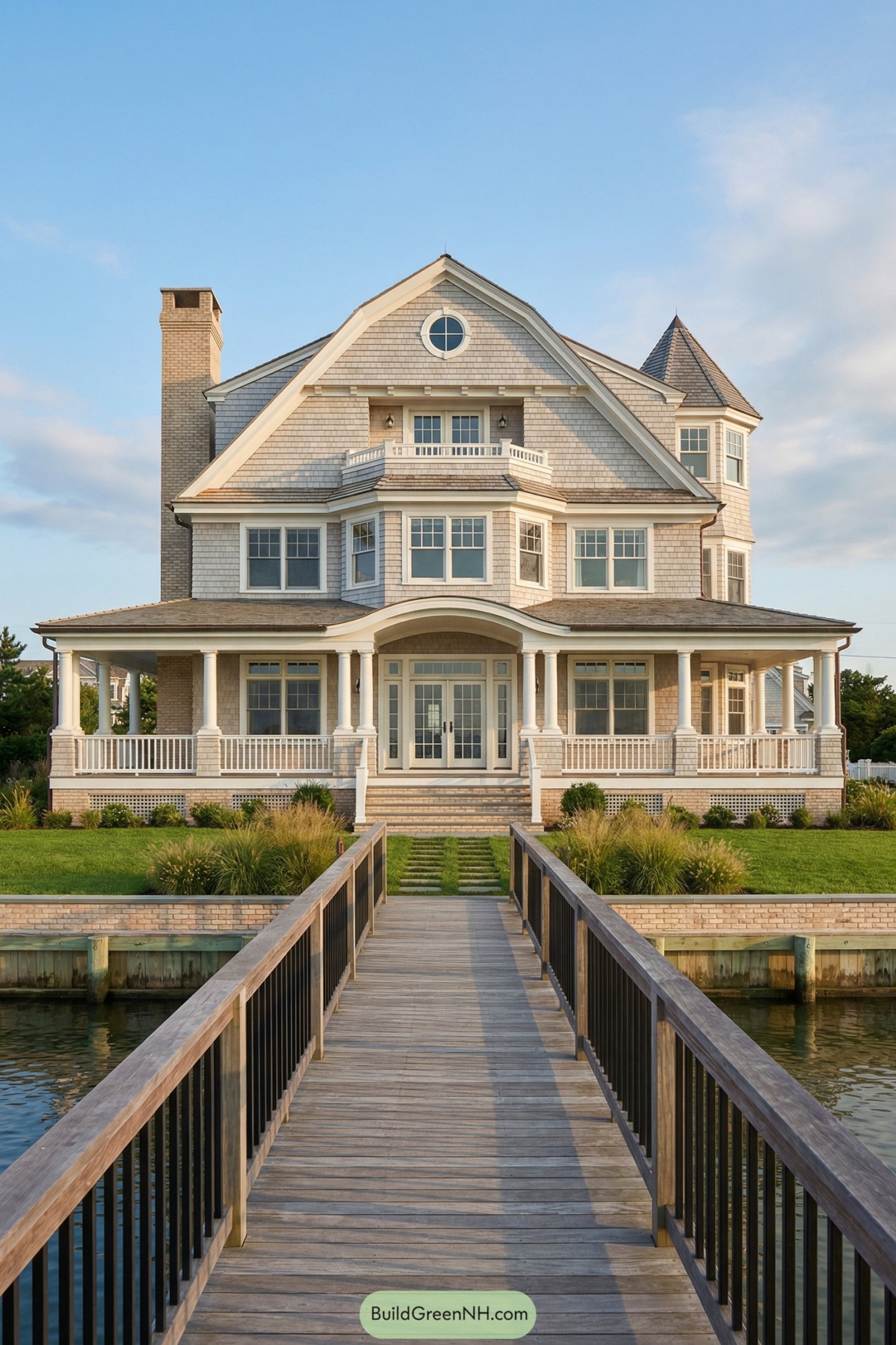 Elegant three story shingle beach house at the end of a wooden pier