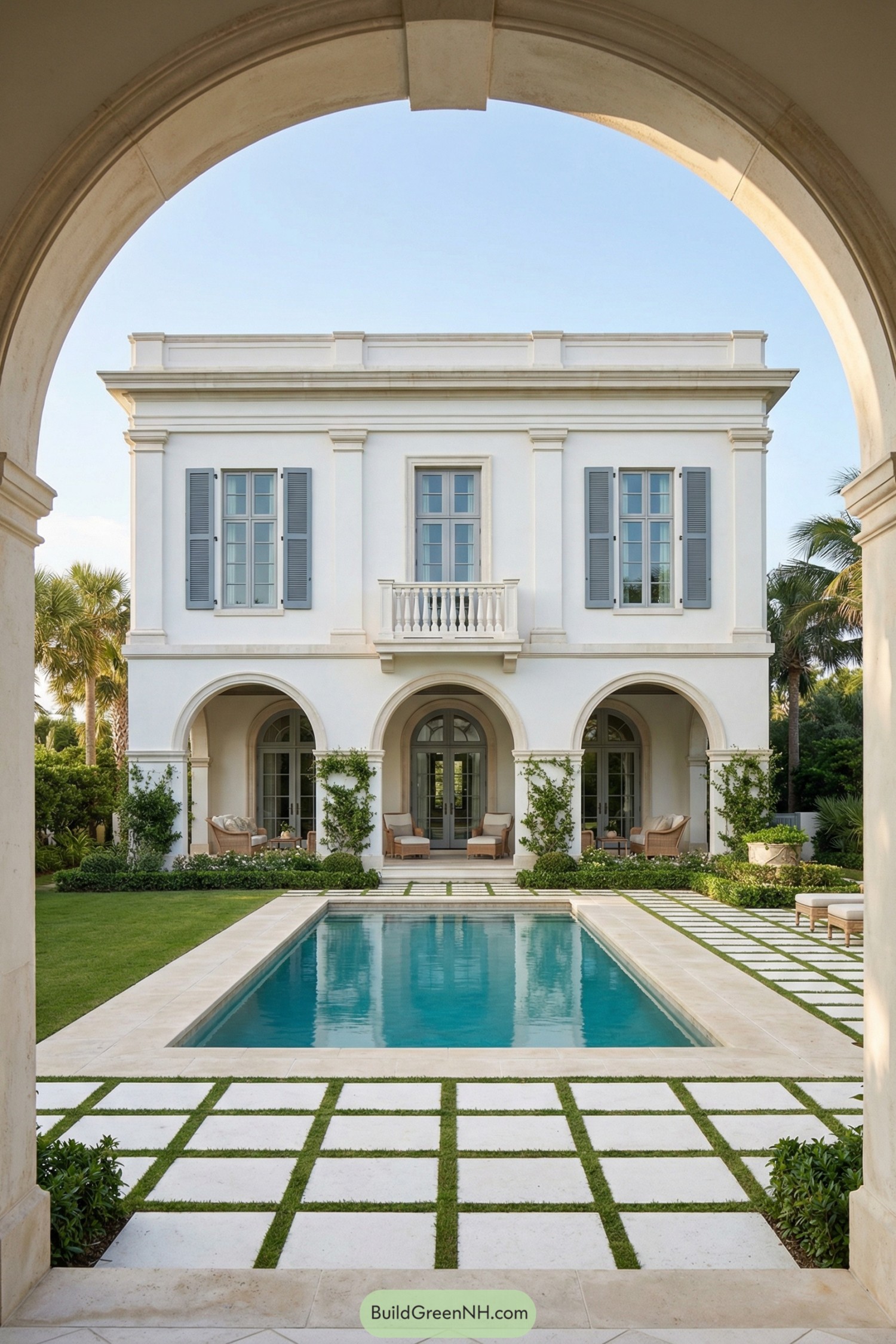 White two story villa with arched loggia and pool courtyard