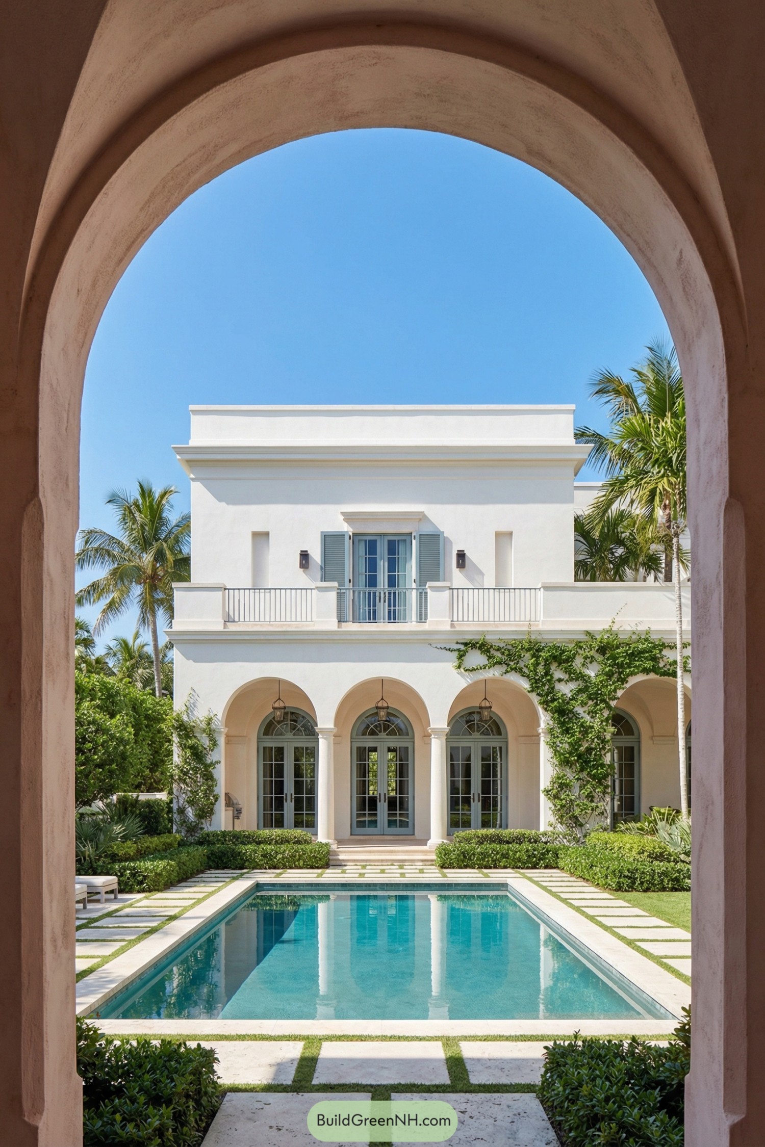 White stucco villa with arched colonnade and central pool