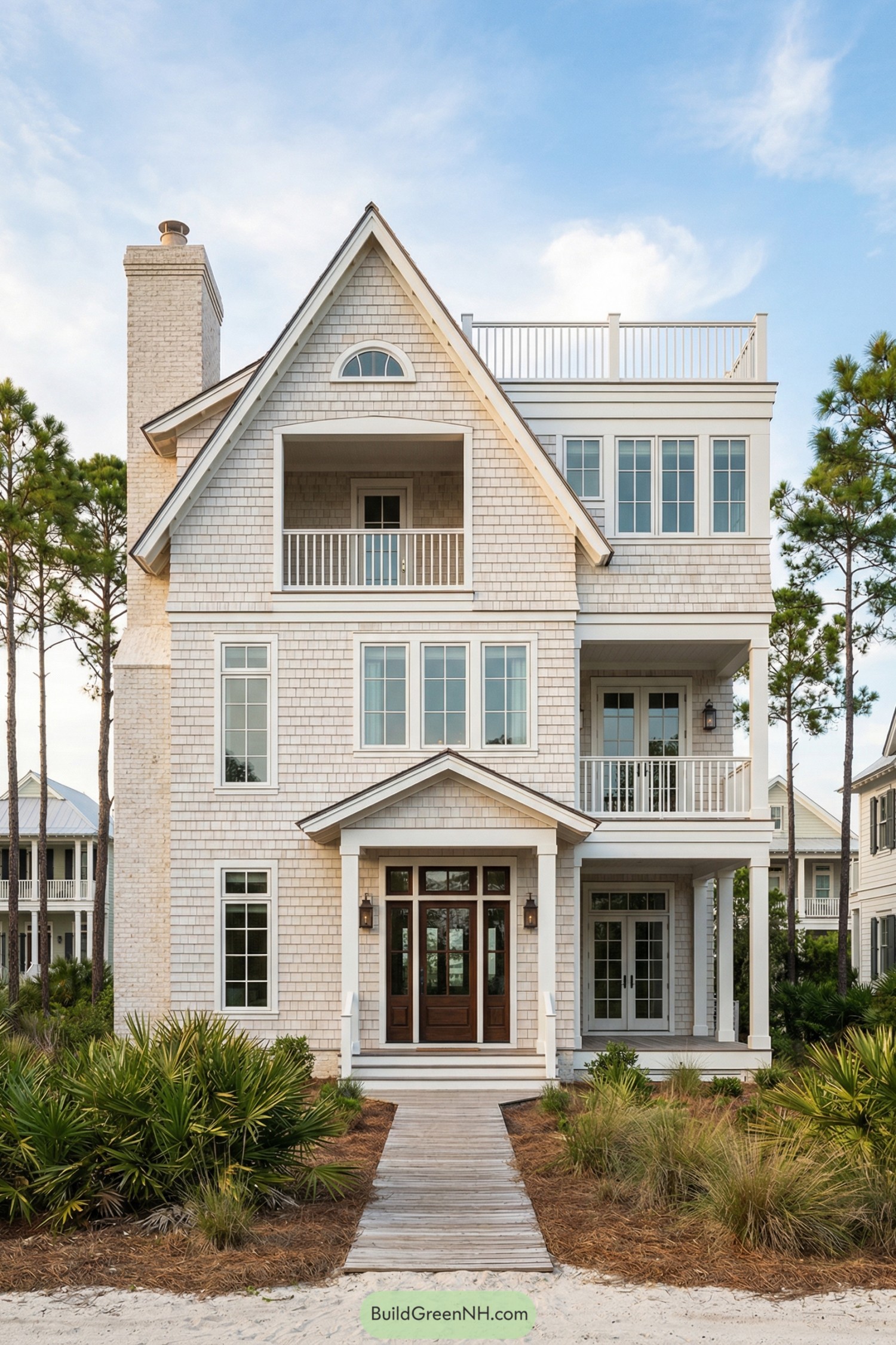 Three story shingled beach house with porches and rooftop deck