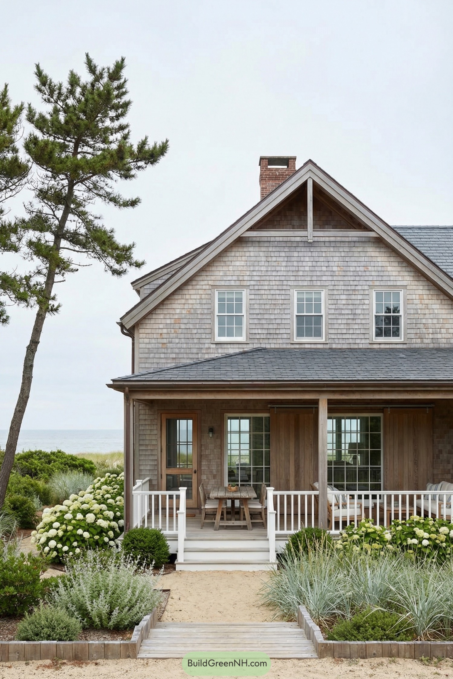 Beachfront shingle house with porch and dunes