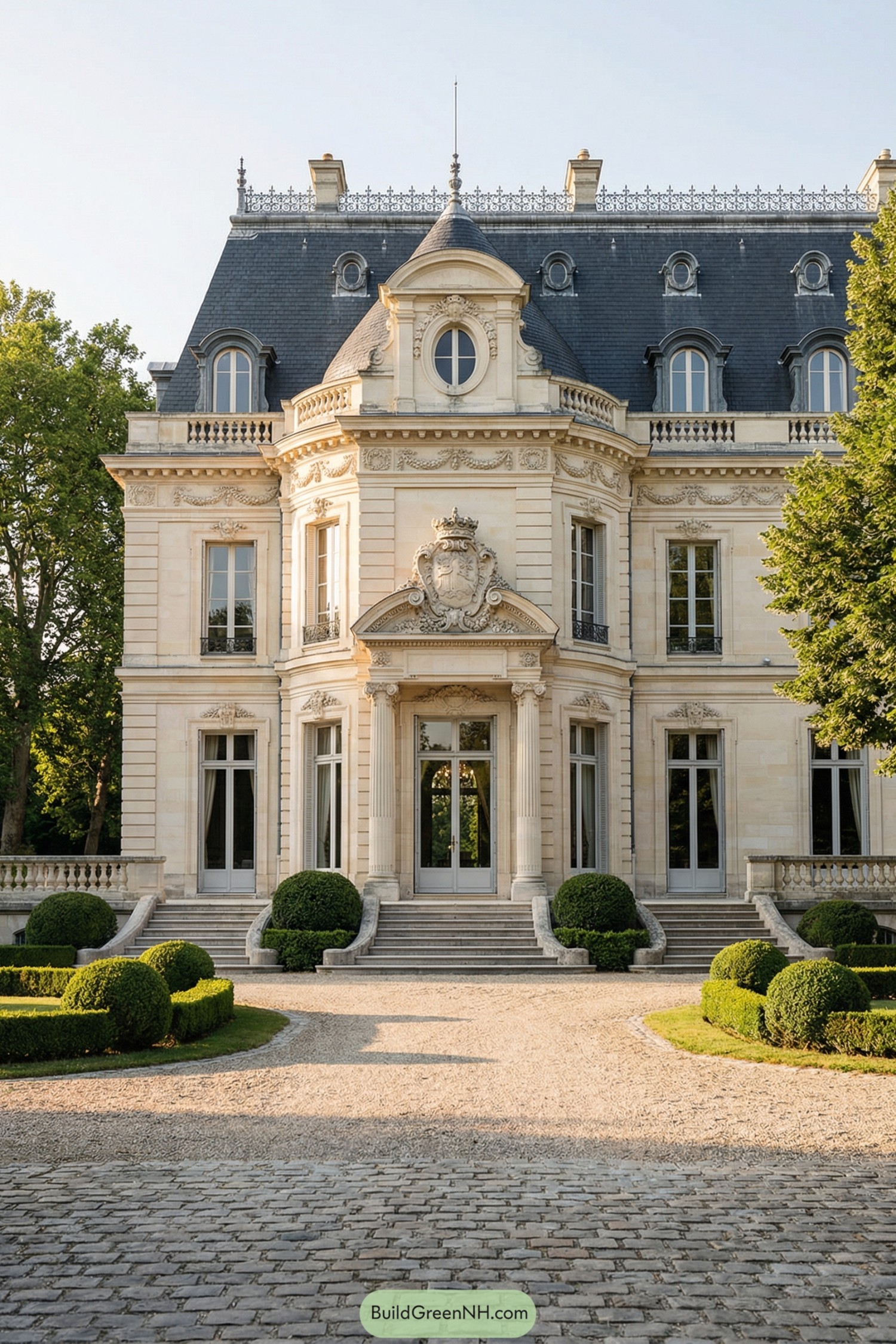 Elegant cream stone chateau with formal gardens