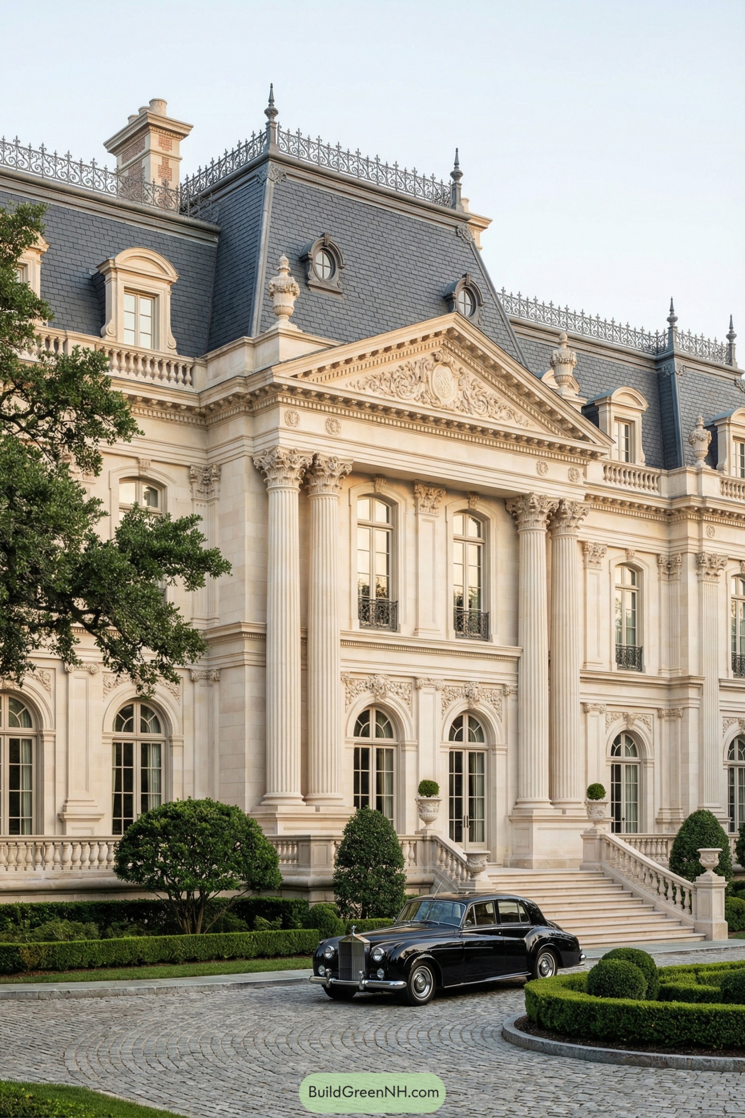 Grand limestone mansion with ornate columns, mansard roof, and vintage car in circular drive