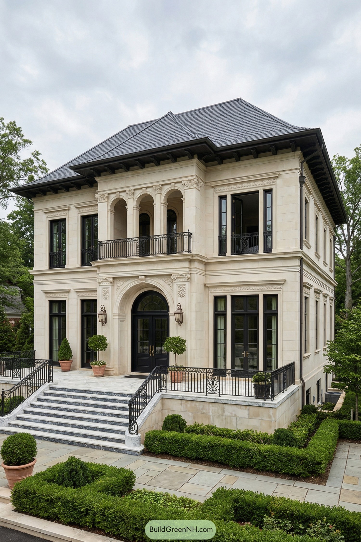 Elegant two story limestone residence with arched loggia, black windows, and manicured terraces