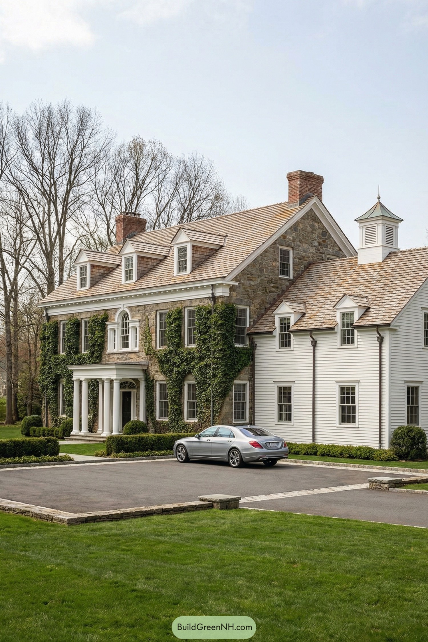 Grand stone and clapboard estate with ivy and columned entry