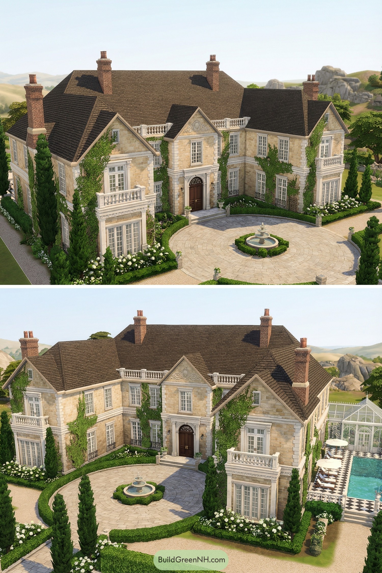 Elegant stone manor with ivy clad façades a circular drive fountain and pool terrace