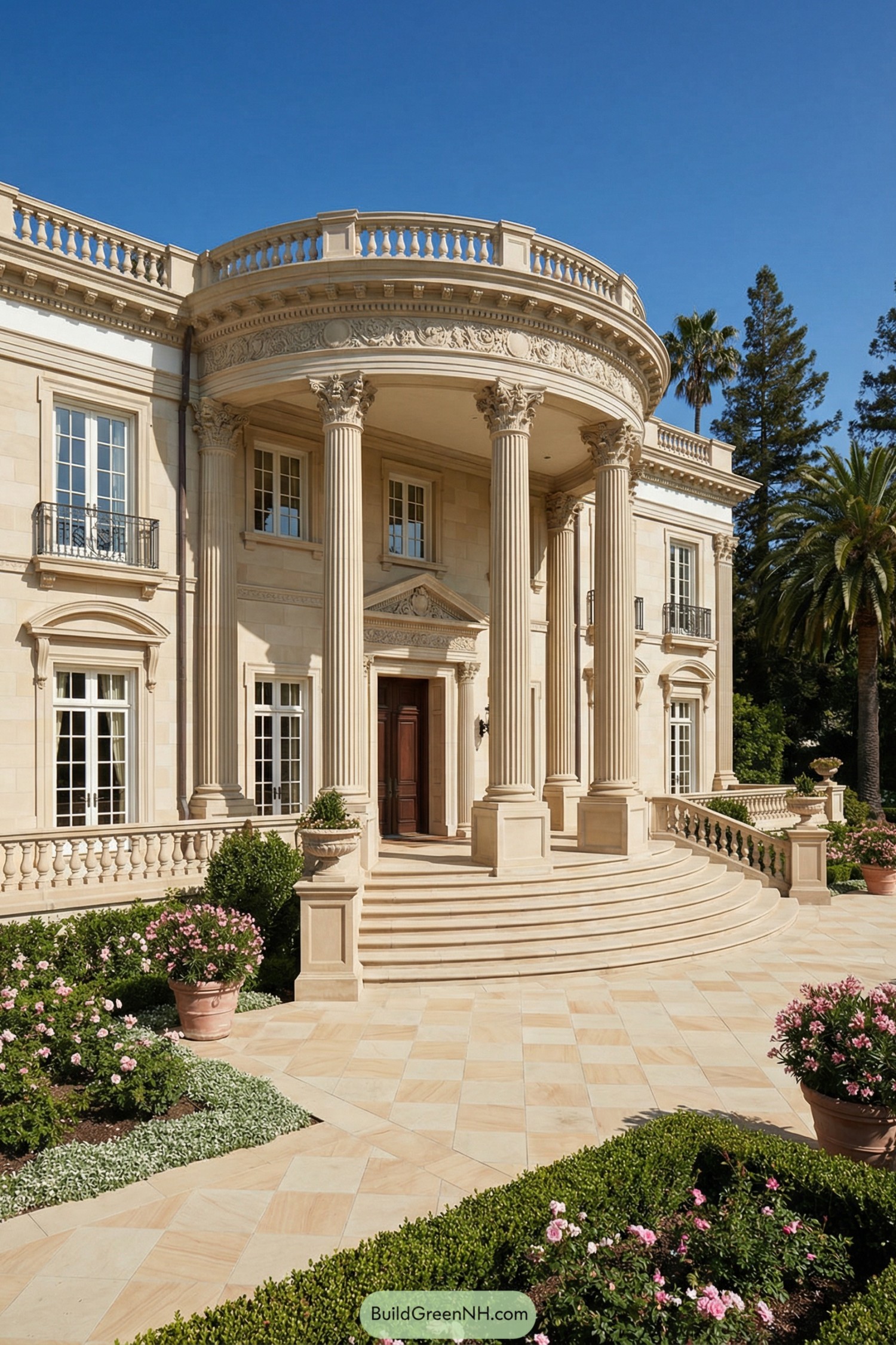 Grand limestone mansion with towering columns and curved entry terrace