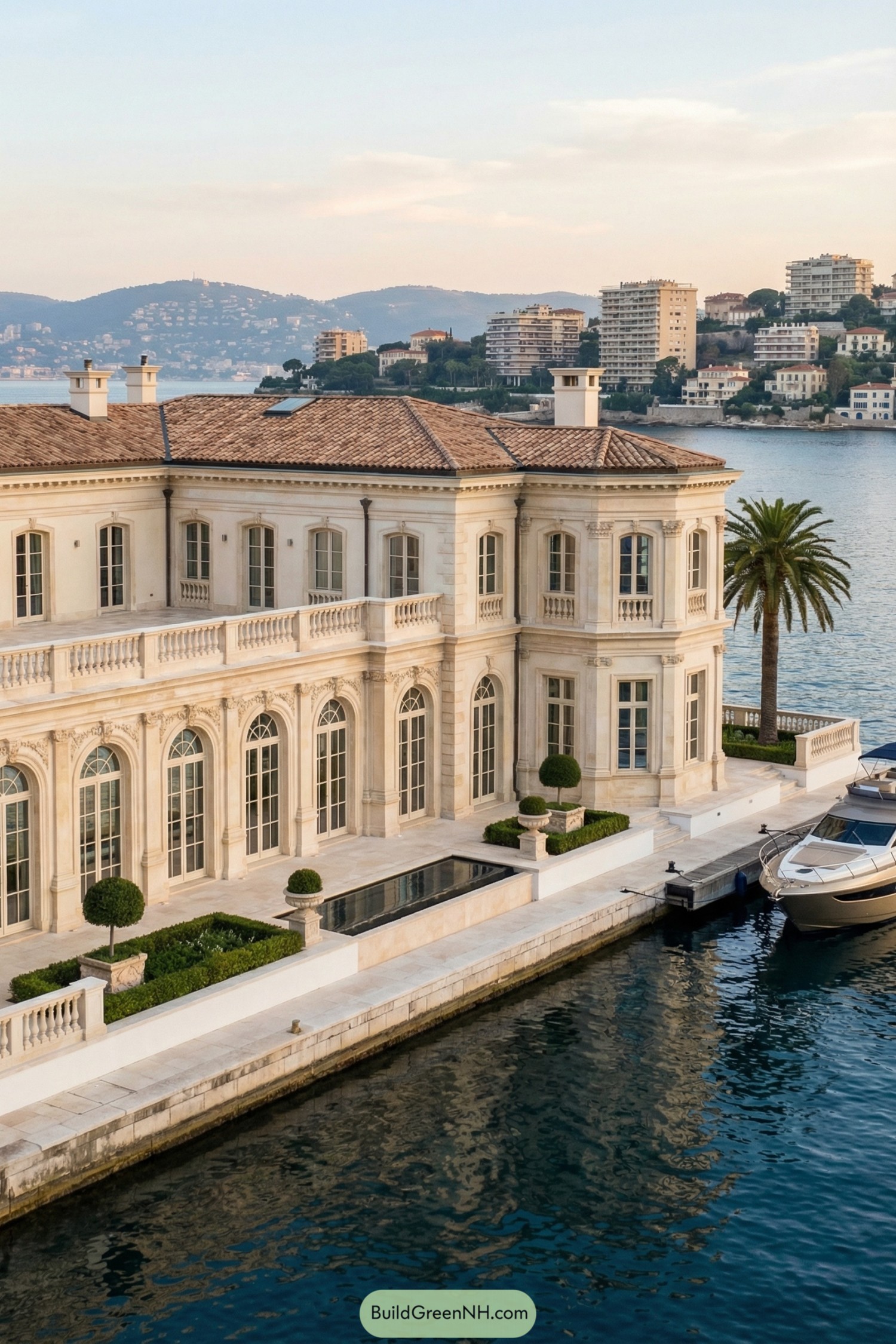 Waterfront neoclassical villa with boats docked