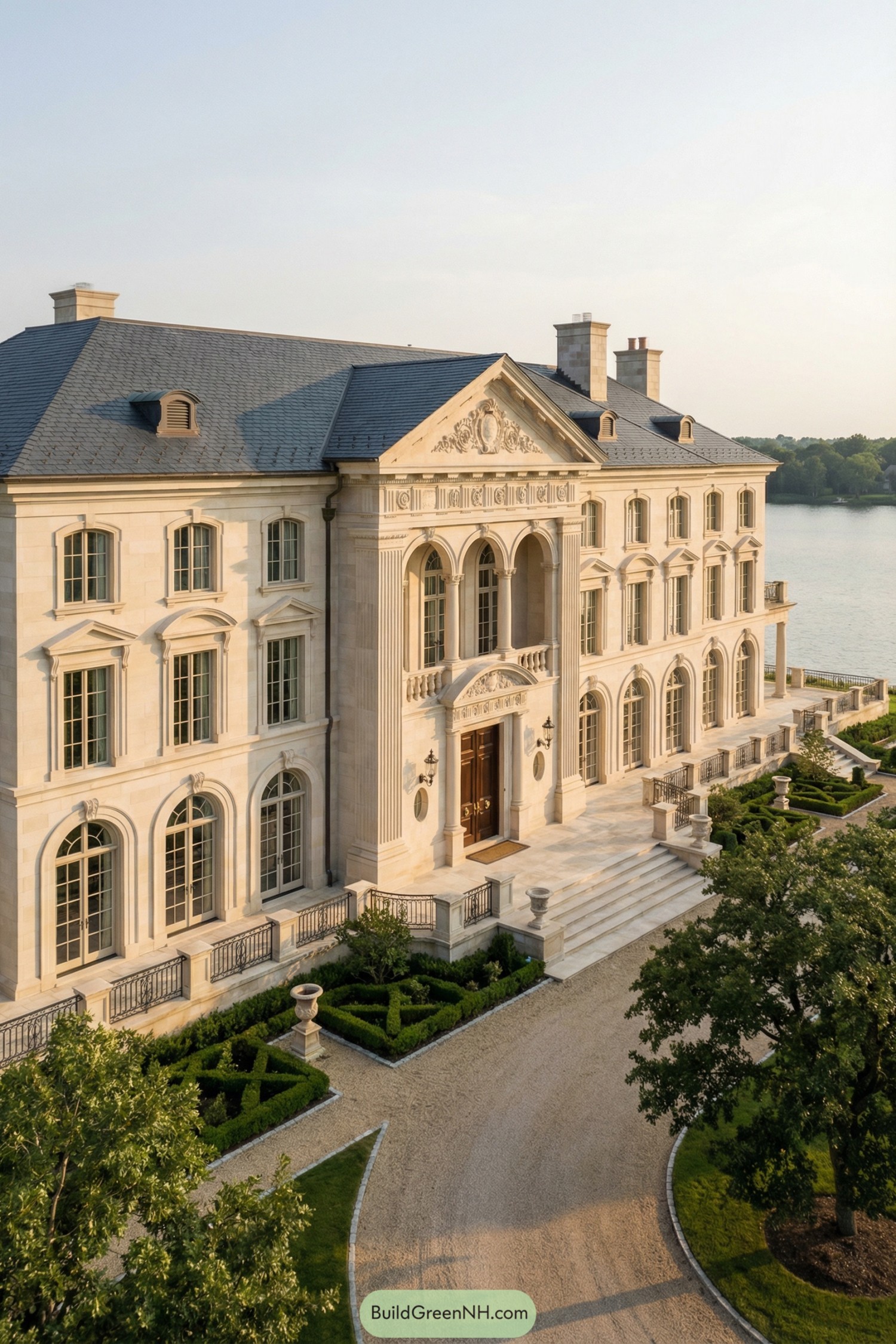 Grand stone waterfront mansion with arched windows and formal gardens