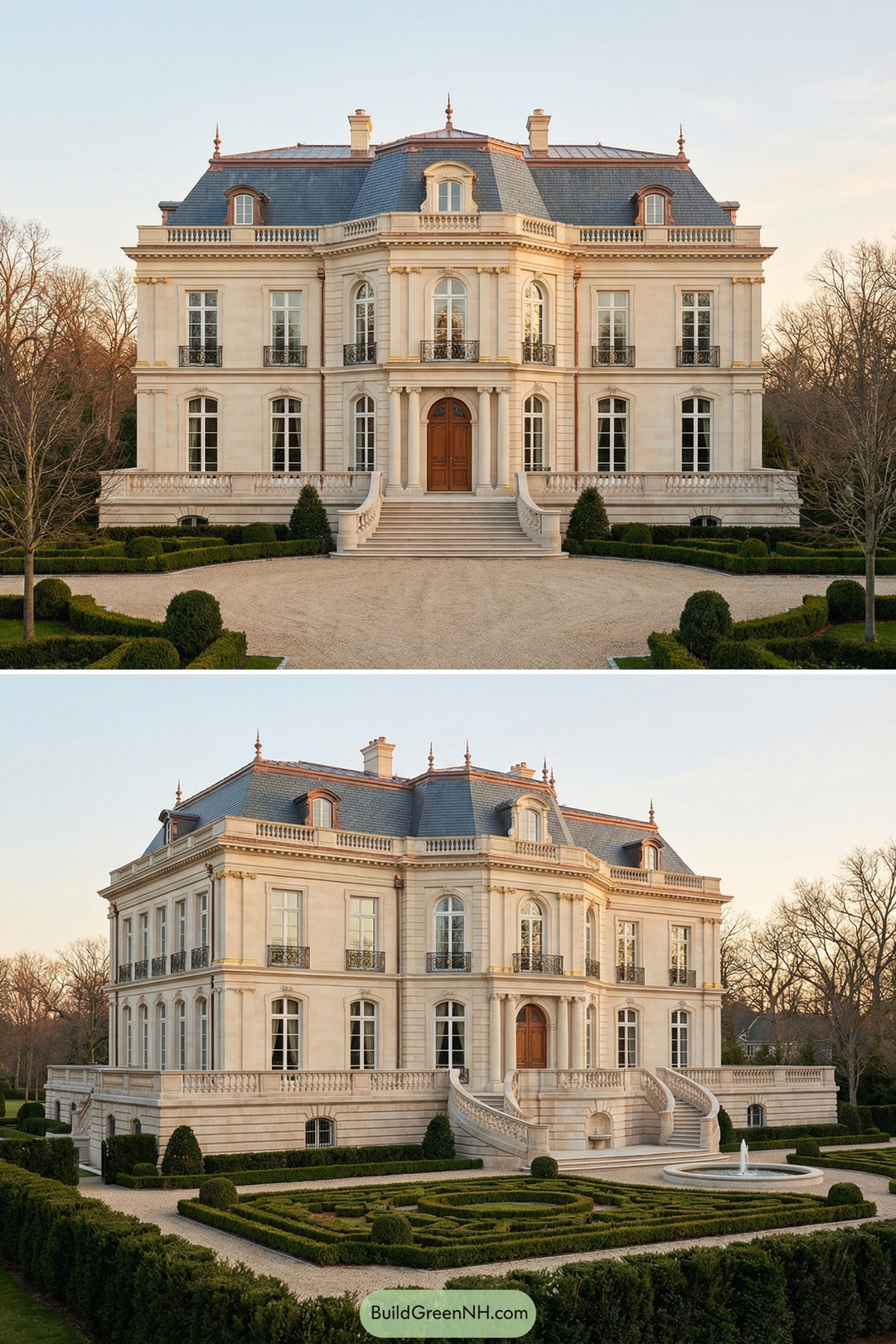 Elegant limestone chateau with mansard roof and formal parterre gardens