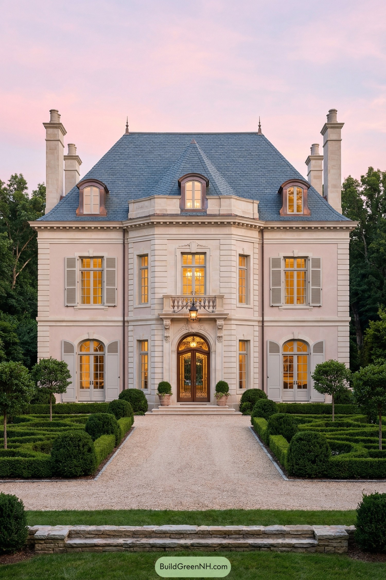 Elegant symmetrical chateau style mansion with tall mansard roof and formal hedged gardens