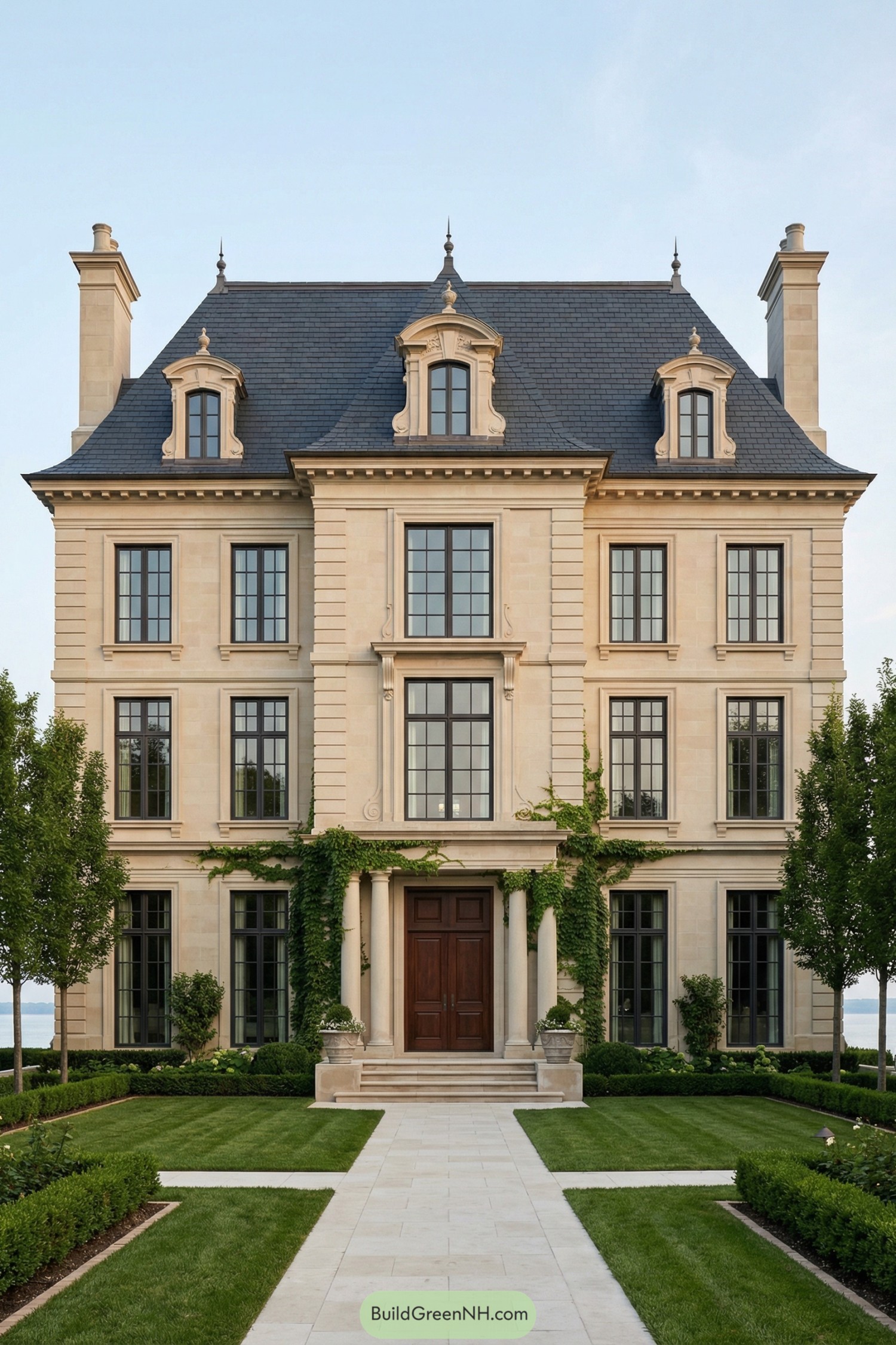 Elegant limestone manor with mansard roof and formal front garden