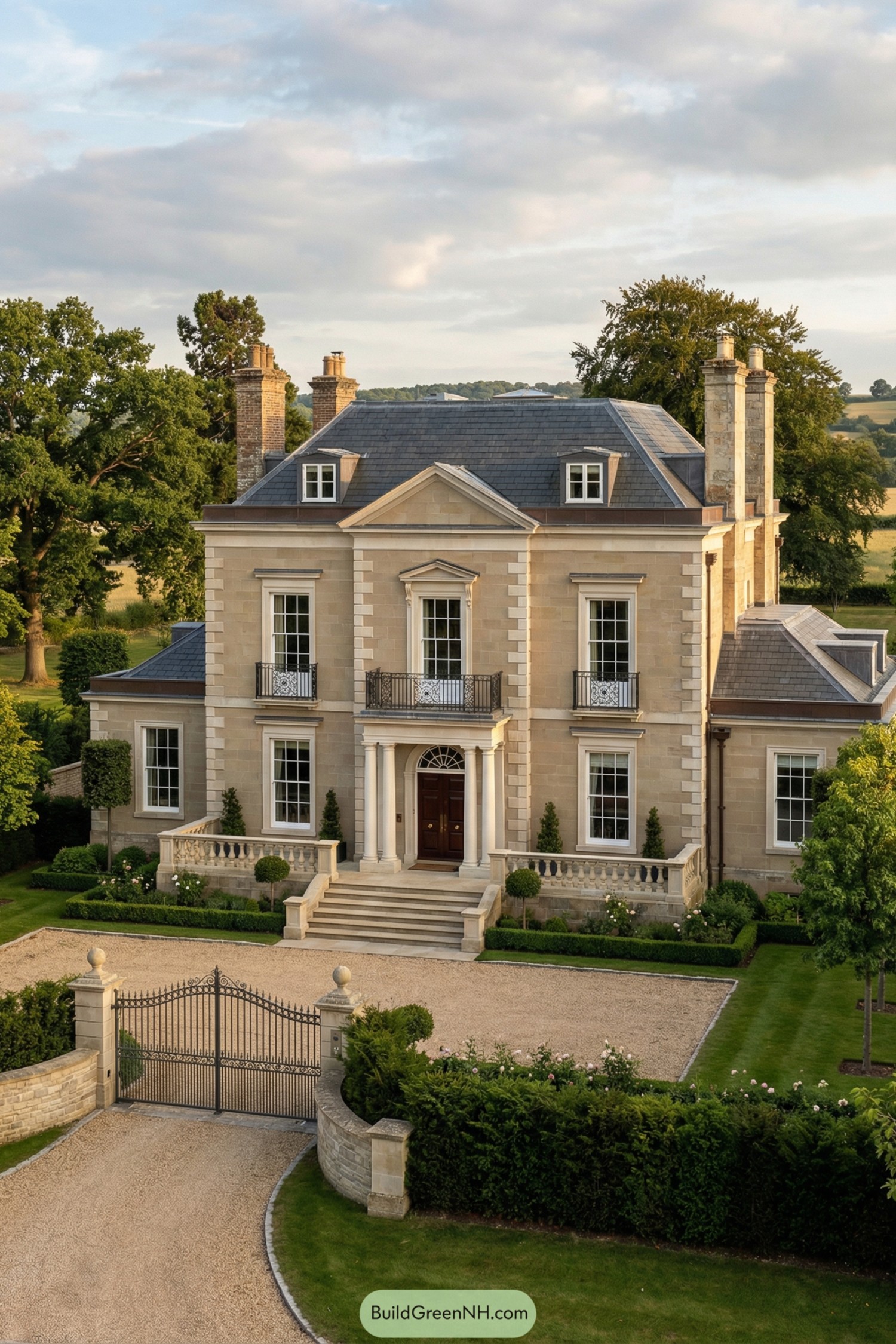 Elegant stone country mansion with formal landscaped entry and grand central portico