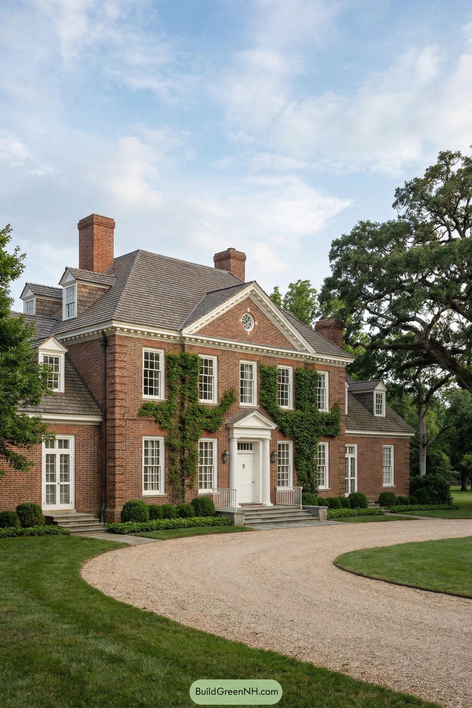 Red brick Georgian style manor with ivy climbing the façade and a white columned entry porch