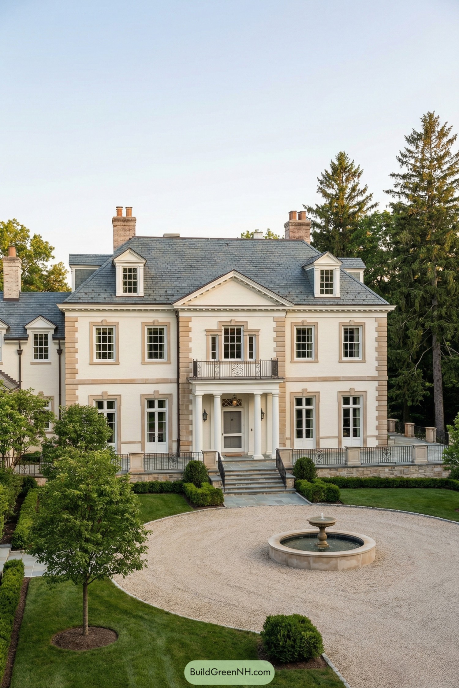 Elegant three story cream mansion with central fountain drive