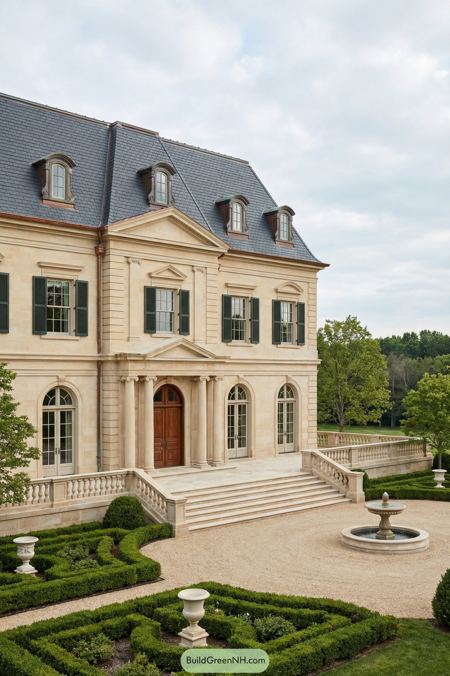 Grand stone manor with mansard roof, columned entry, and formal parterre garden