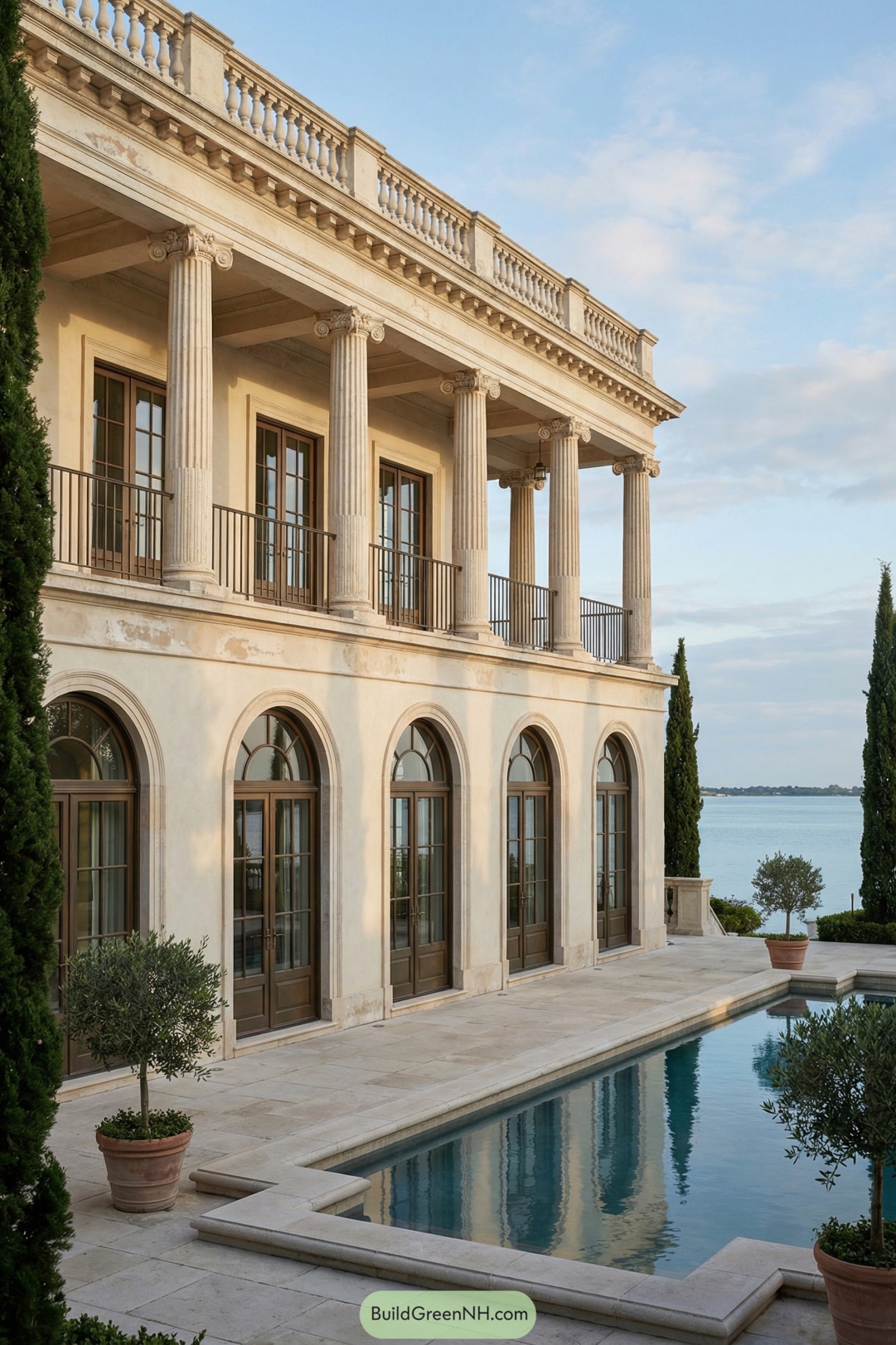Elegant two story villa with tall columns and pool beside the water