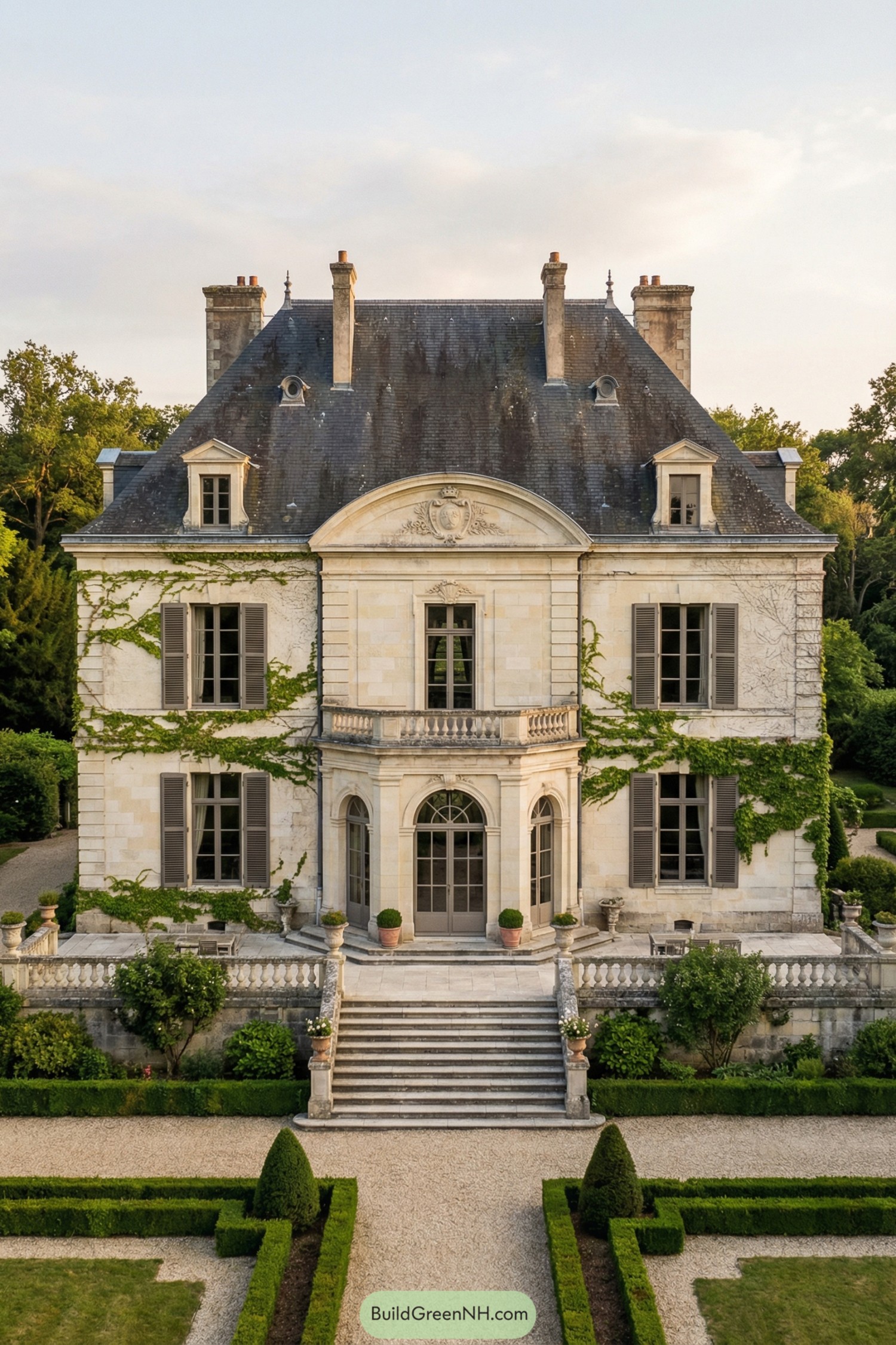 Elegant stone chateau with mansard roof, ivy, tall windows, and formal gardens