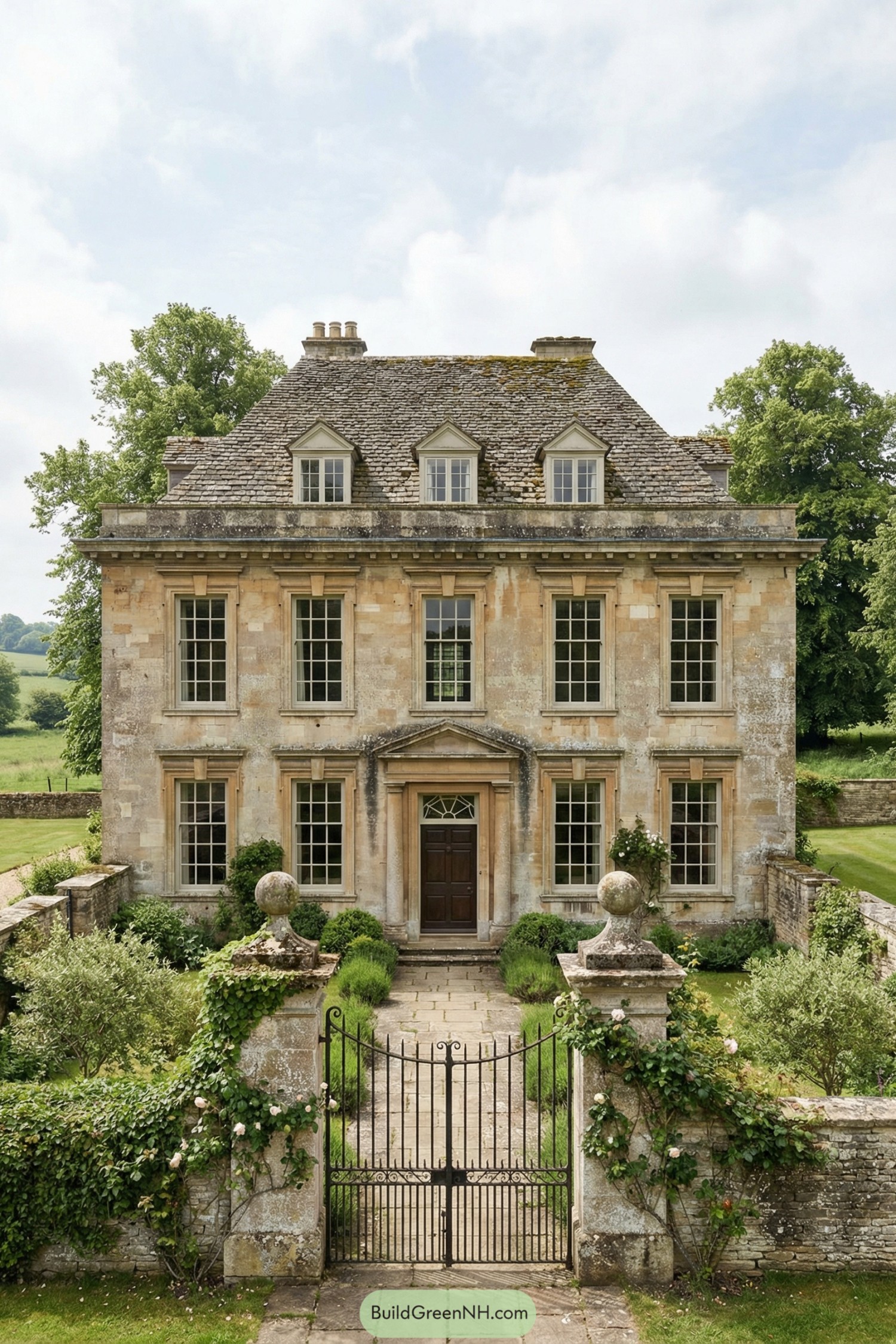A stately stone country manor with a steep slate roof, symmetrical windows, and a formal gated garden path