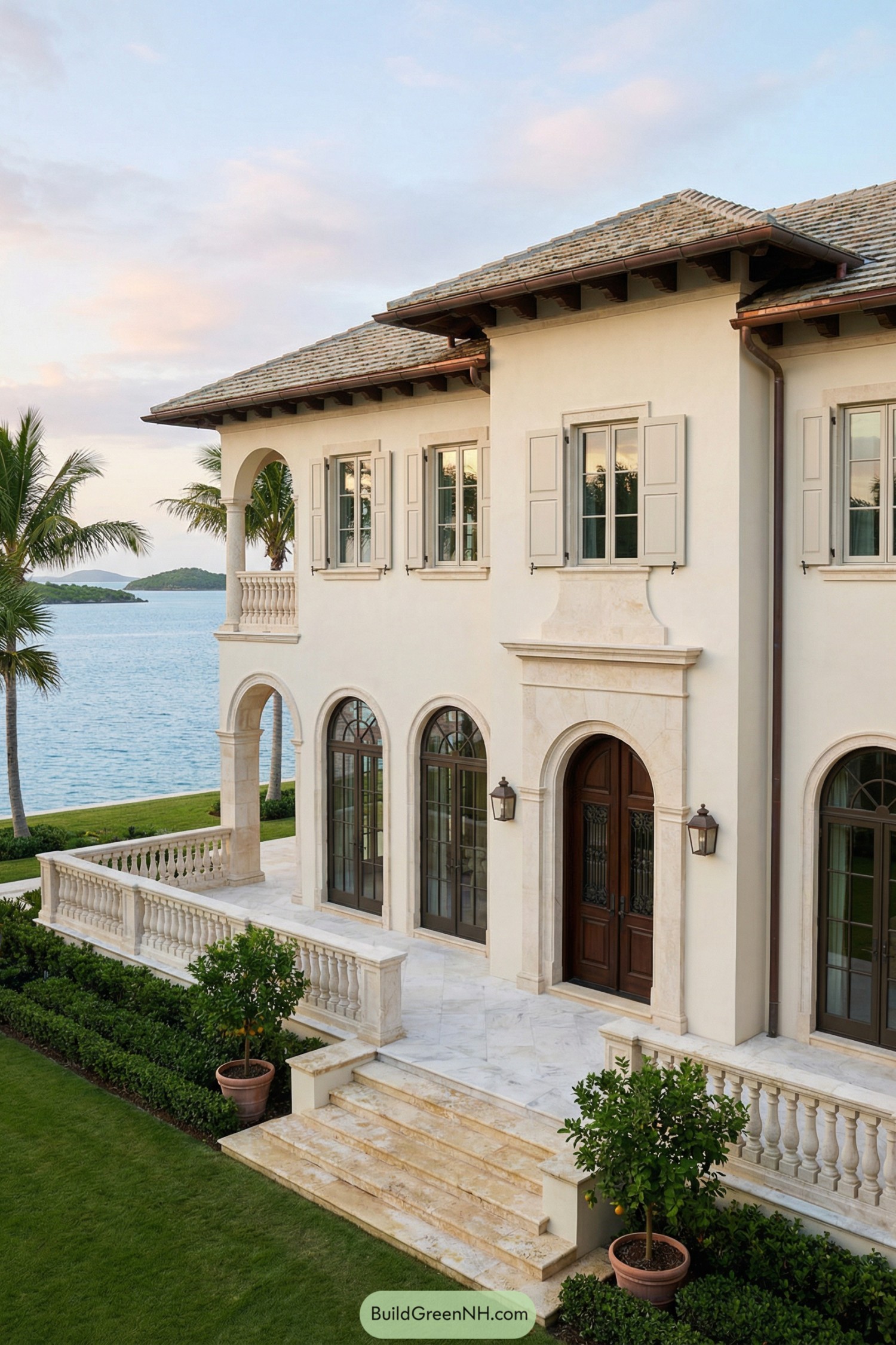Elegant cream stucco waterfront villa with arched windows, balustrade terrace, and manicured lawn overlooking calm blue water