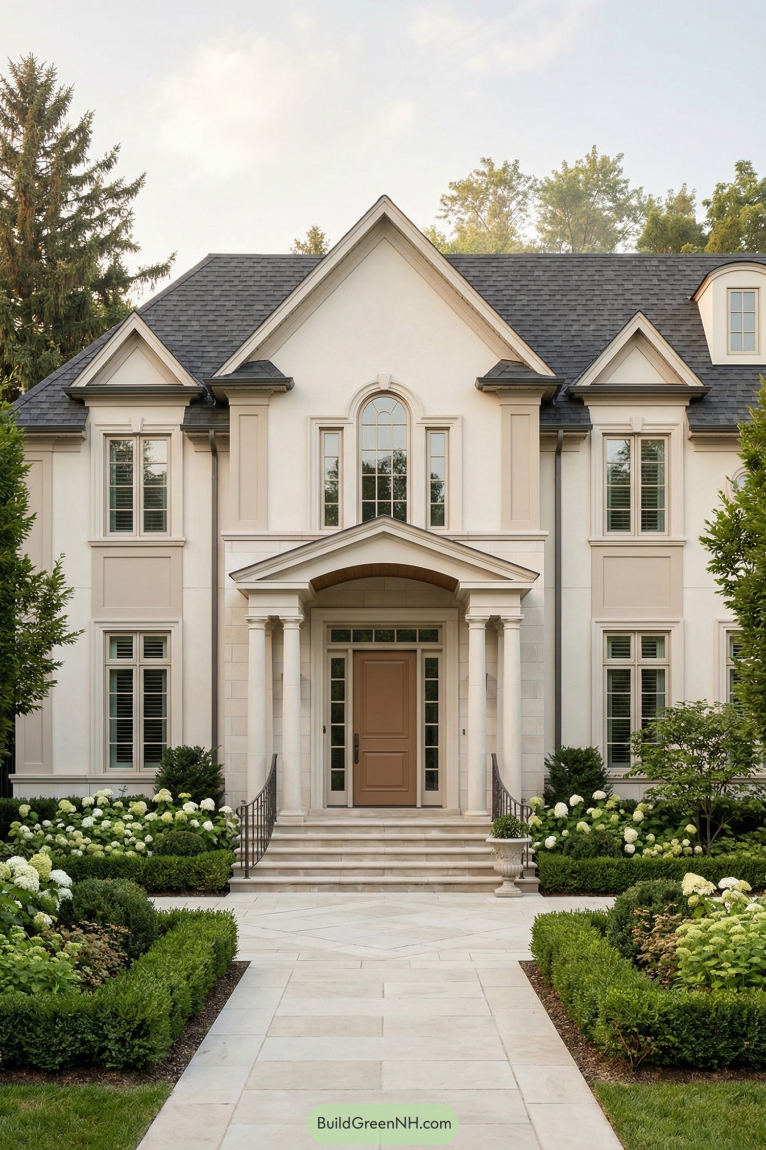 Creamy stucco manor with gabled roof, columned entry, and manicured front gardens