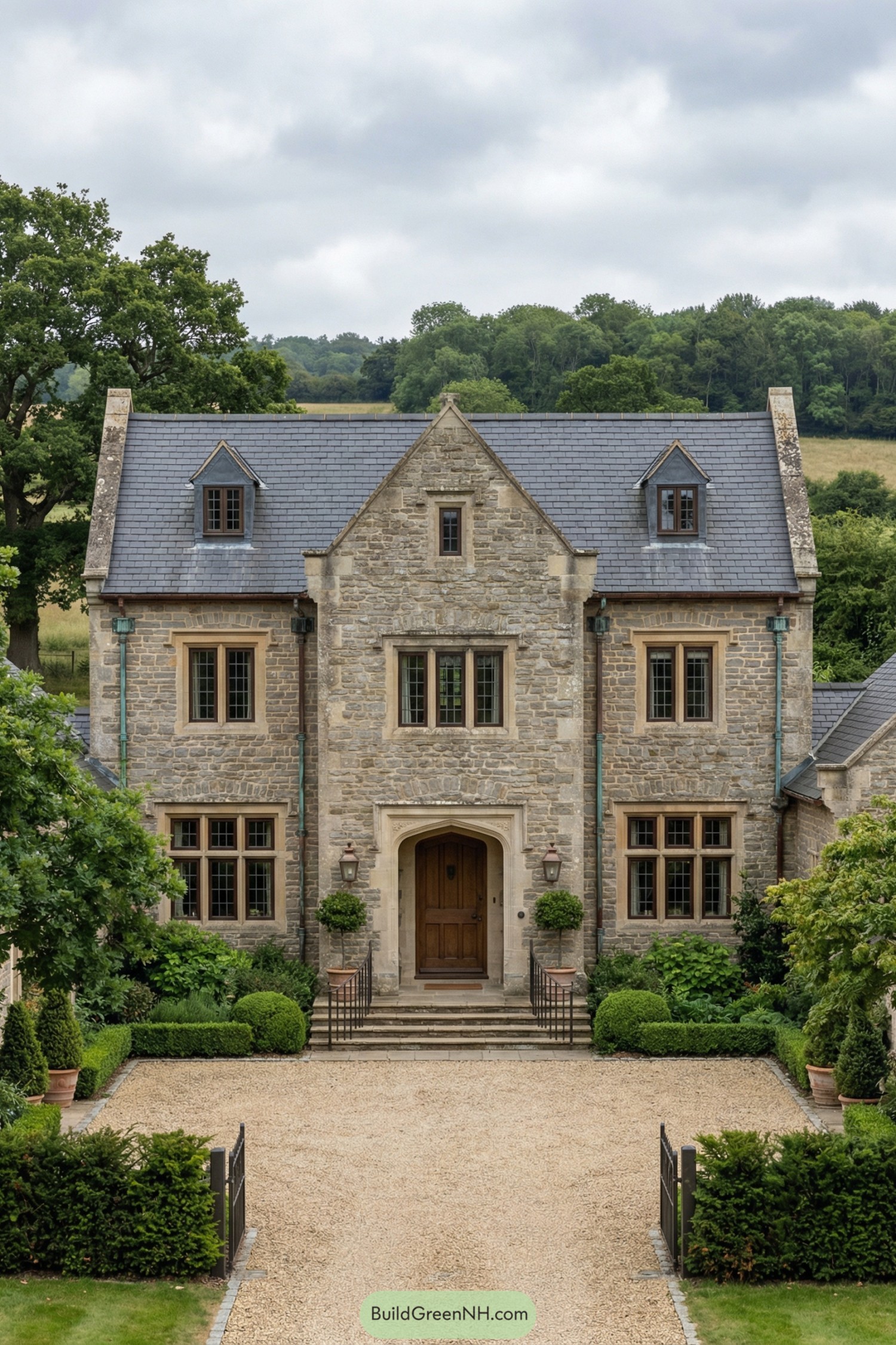 Stone country manor with slate roof and formal front garden