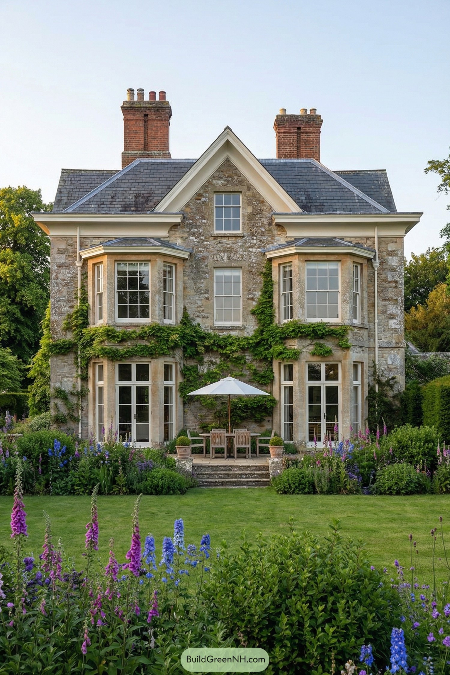 Stone manor house with bay windows, ivy, and formal flower garden