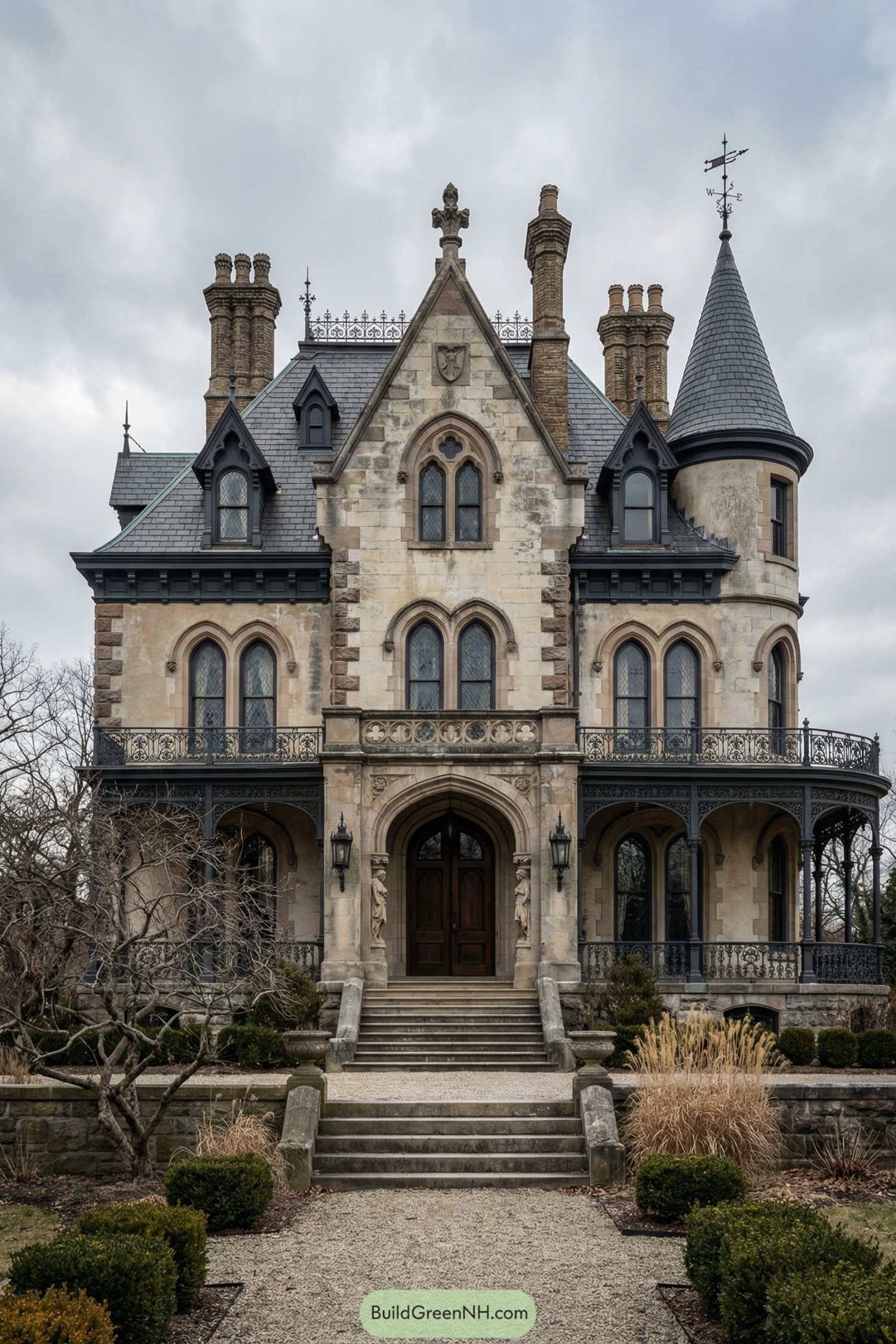 Tall stone arches, slate roof, and ornate iron balconies on a Gothic style mansion