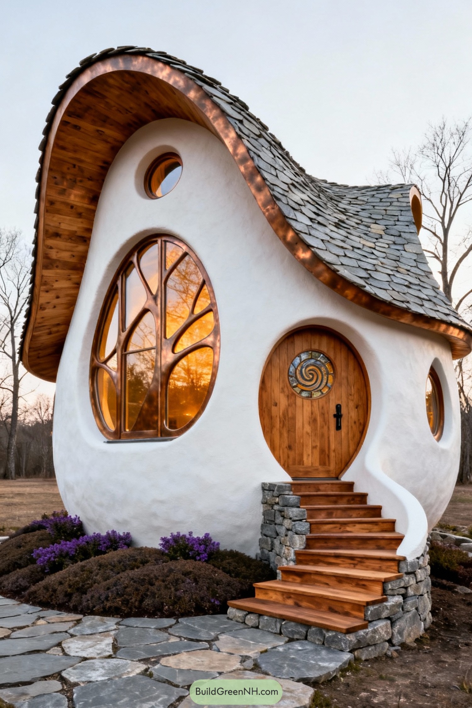 Storybook style tiny house with curving roof and sculpted white walls