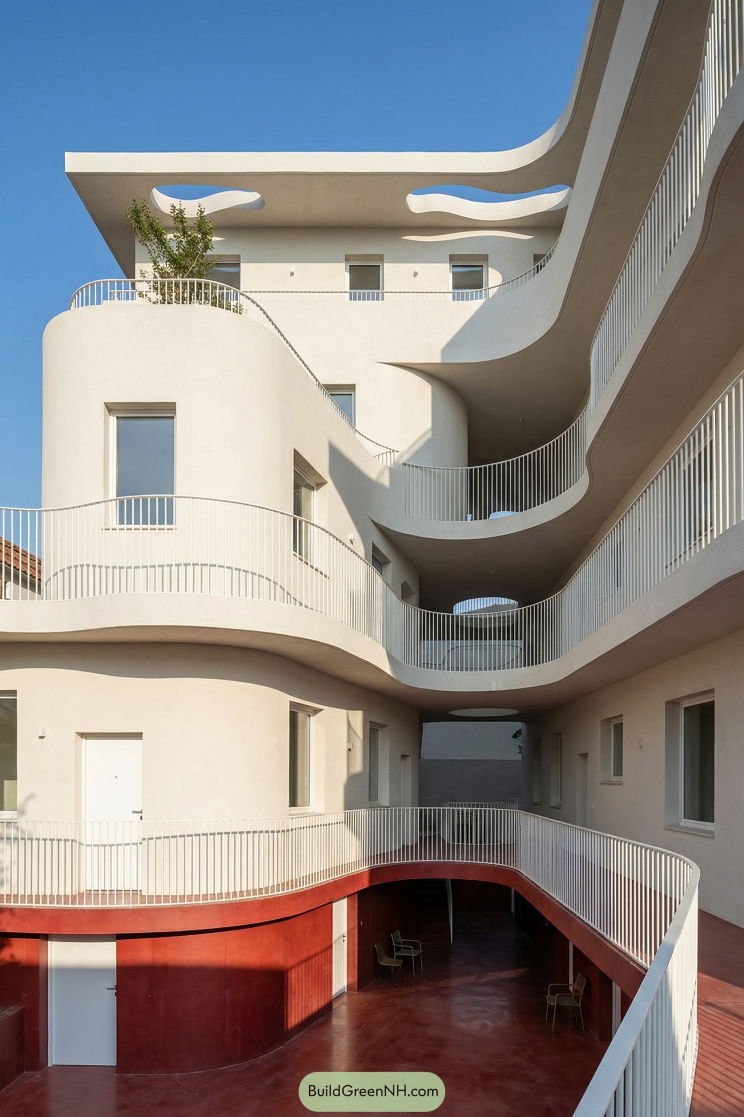 Creamy curving apartment building with flowing balconies around an open courtyard