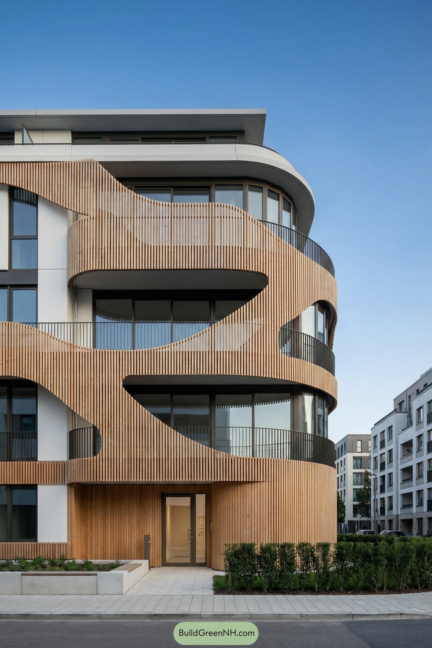 Curved wood slat facade wrapping modern corner balconies